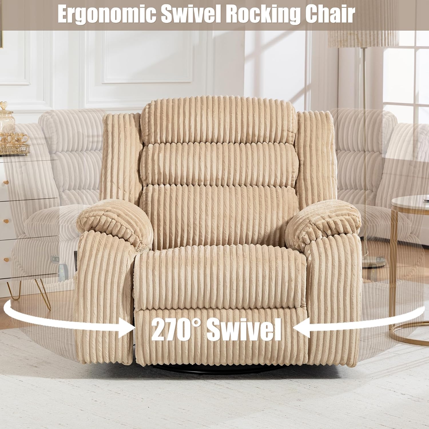 SINCRUMI Power Swivel Rocker Recliner Chair for Adults with Vibration and Heat, USB and Type-C Charging Port, Infinite Position, Electric Glider Rocking Chairs for Living Room, Nursery, Light Camel