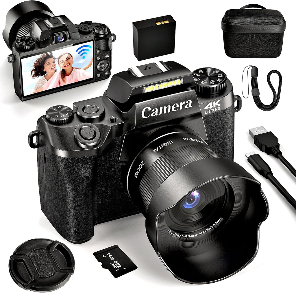 4K Digital Camera for Photography, 64MP Dual Lens Vlogging Camera with 4.0' Touchscreen, Point and Shoot Camera for Beginners Teens, WiFi Digital Camera with 16X Digital Zoom & 64GB SD Card