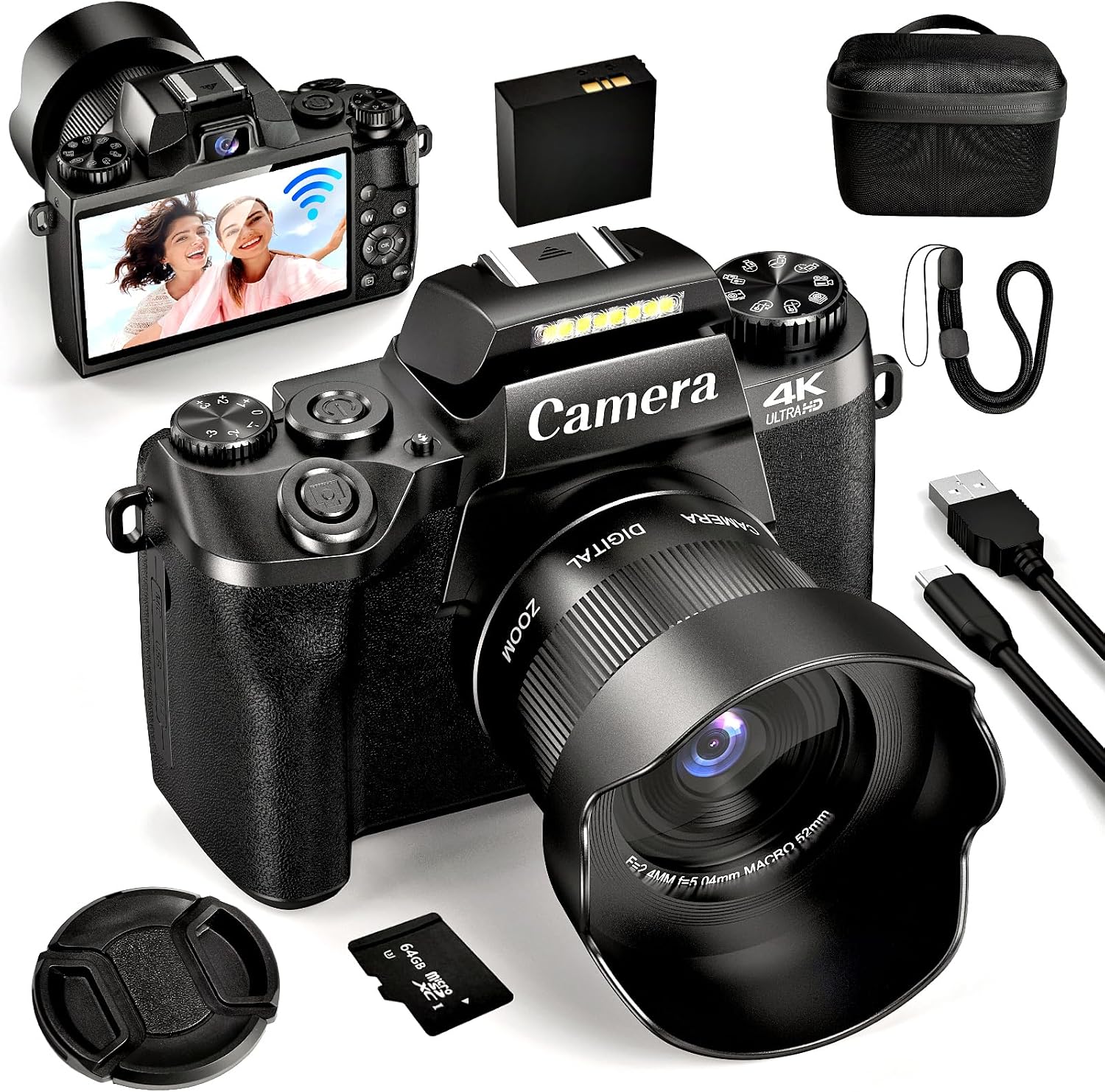 4K Digital Camera for Photography, 64MP Dual Lens Vlogging Camera with 4.0' Touchscreen, Point and Shoot Camera for Beginners Teens, WiFi Digital Camera with 16X Digital Zoom & 64GB SD Card