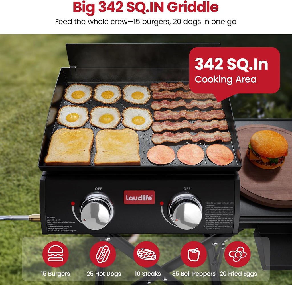 Laudlife Portable Propane Gas Griddle with Collapsible Stand, Non-Stick Enameled Cast Iron, 342 SQ.IN Cooking Space, 2 Burners Flat Top Griddles for Camping, Tailgating, Outdoor Cooking