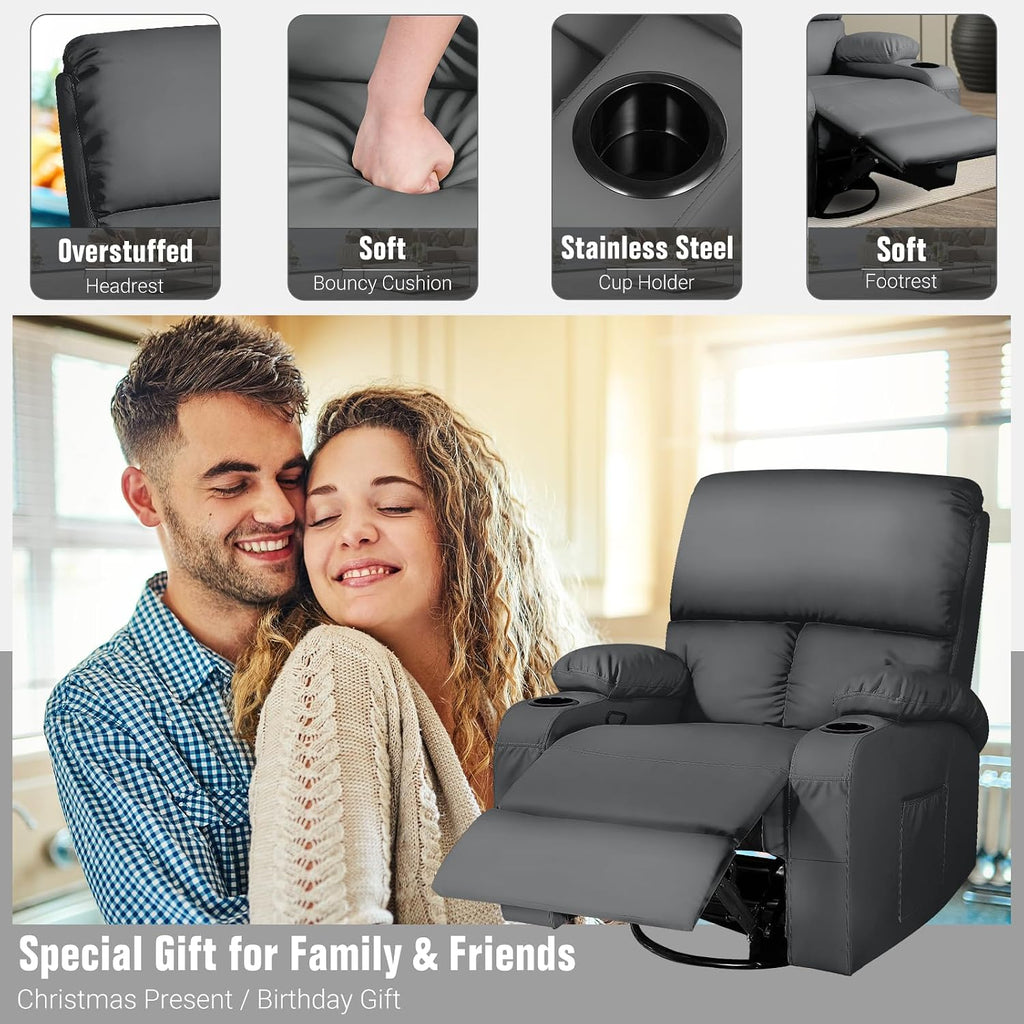 LAFWELL Rocking Recliner Chair, Massage Rocker Recliner Chair with Vibration Massage and Heat, 360° Swivel Faux Leather Chairs, Living Room, Bedroom, Nursery, RV, Dark Gery