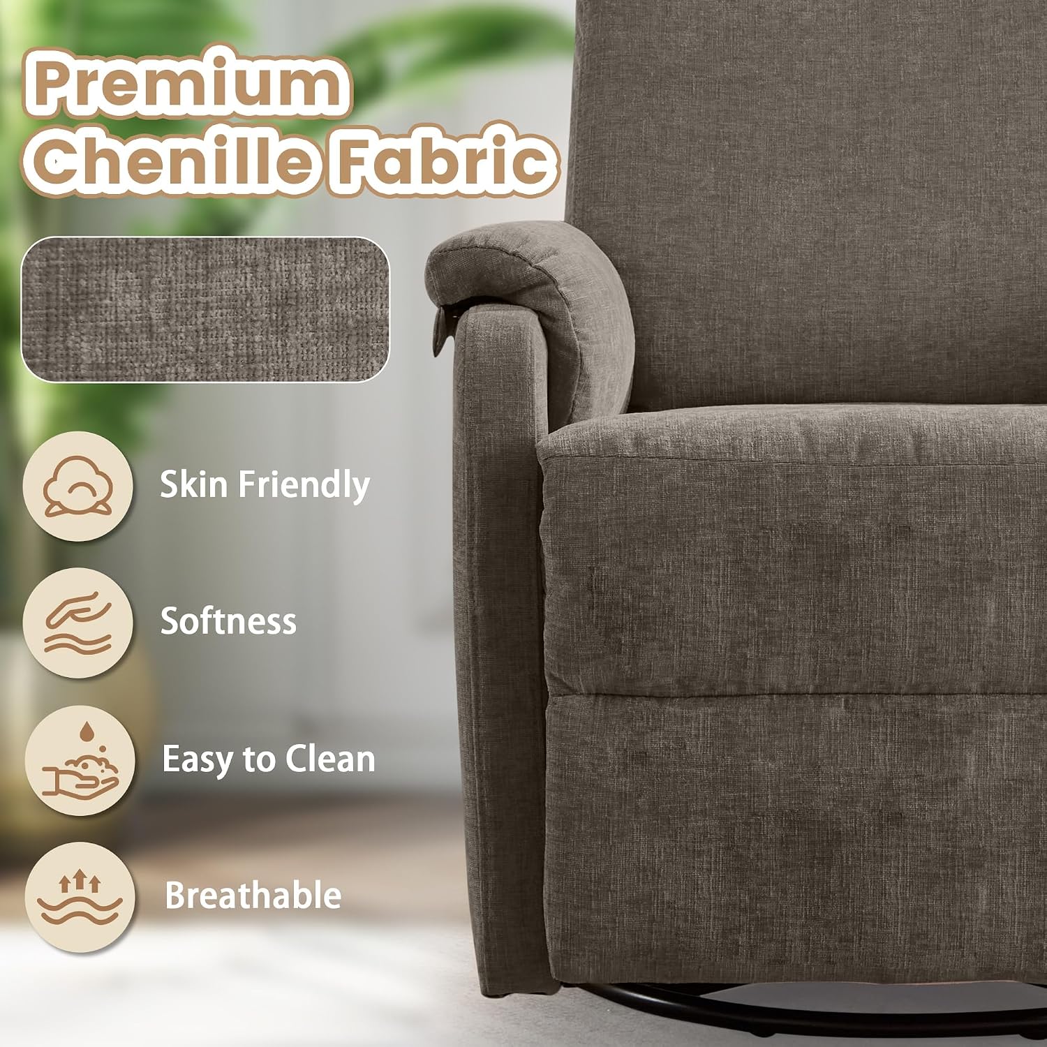 Korser Swivel Rocking Recliner with Massage, Small Glider Chair for Nursery, Modern-Designed Armrests Chair for Adults Living Room, Chenille, Brown