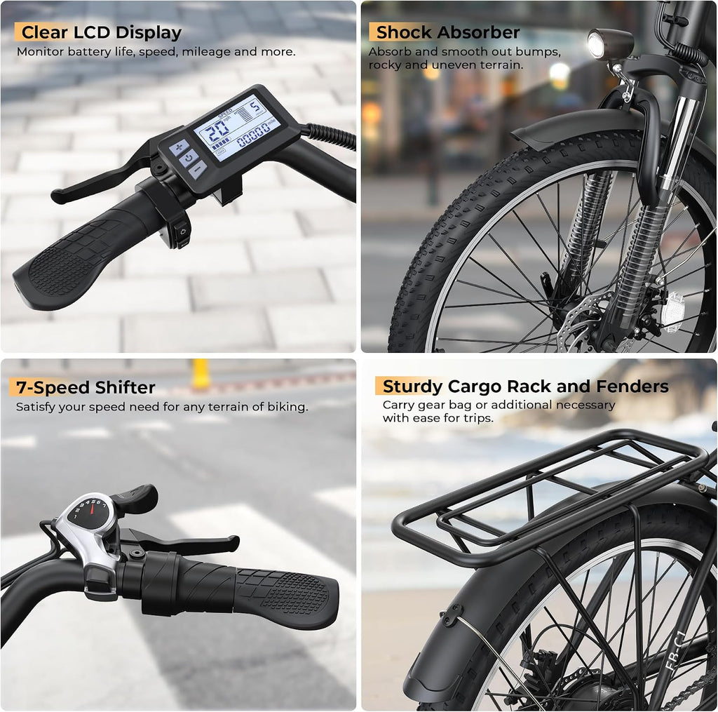 Electric Bike for Adults, Peak 1000W Ebike, 50Miles 20MPH UL 2849 Certified Commuter Bike, 26'' City Cruiser Bicycle with 48V Removable Battery, Rear Rack, Adjustable Stem, 7 Speed