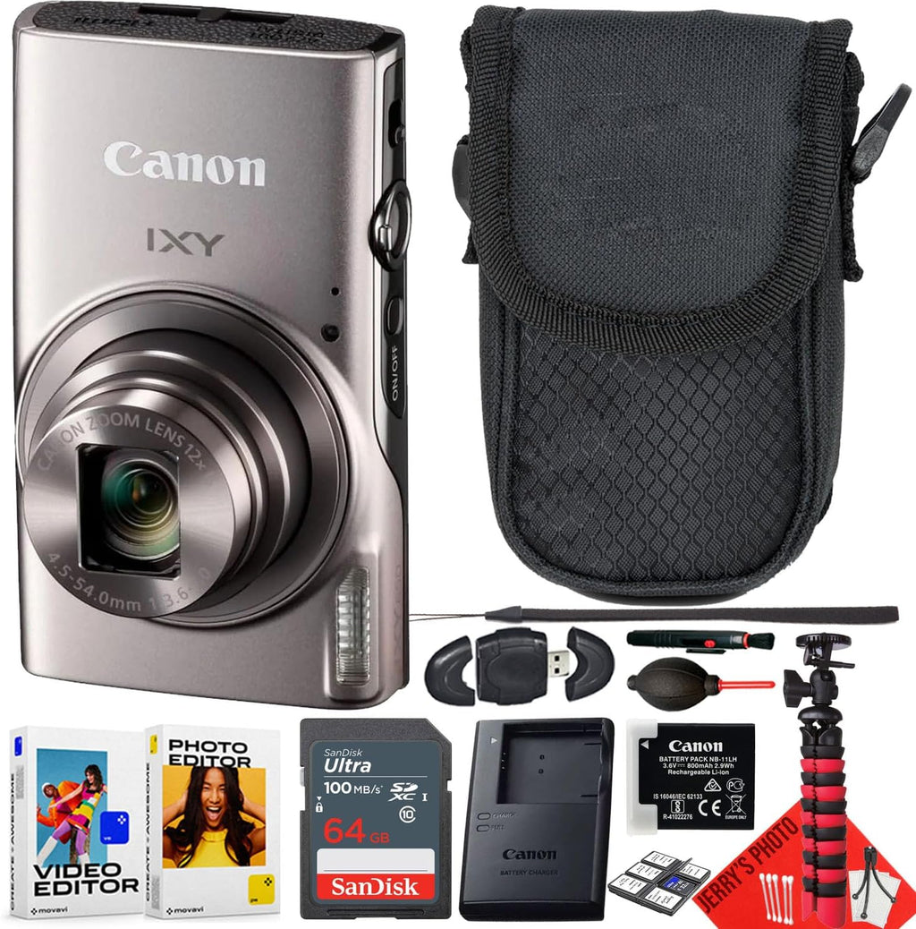 Canon PowerShot IXY 650 / ELPH 360 HS Compact Digital Camera 12x Optical Zoom (Silver) Bundle with 64GB Memory Card + Camera Case + Card Reader + Spider Tripod + More (13pc Bundle) (Renewed)