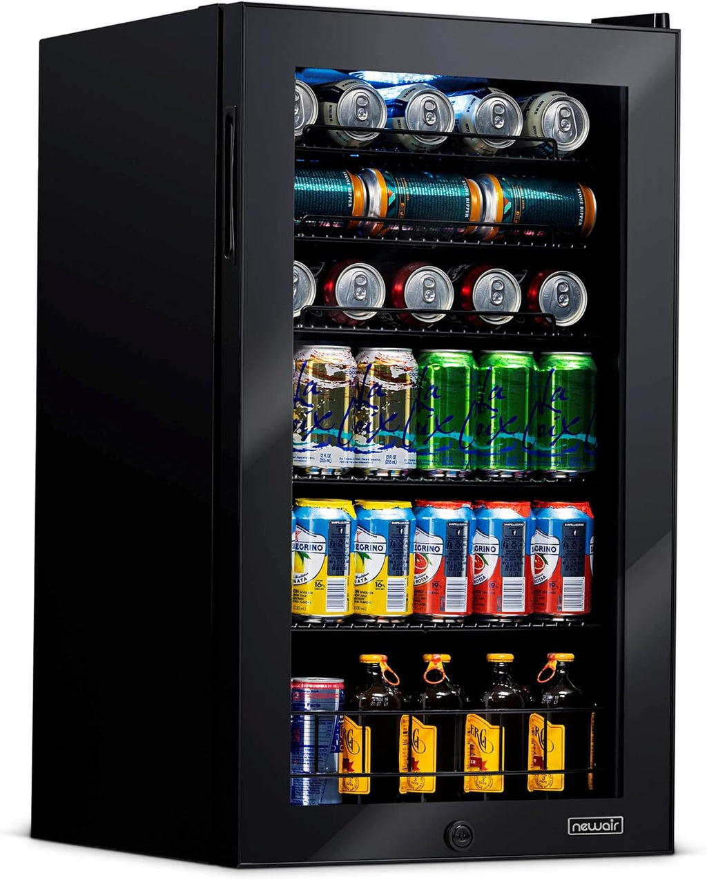 NewAir 126 Can Beverage Refrigerator | Freestanding Small Mini Fridge for Bedroom with Glass Door | Drink Cooler with Adjustable Shelves, Quiet Cooling & Locking Door | Black