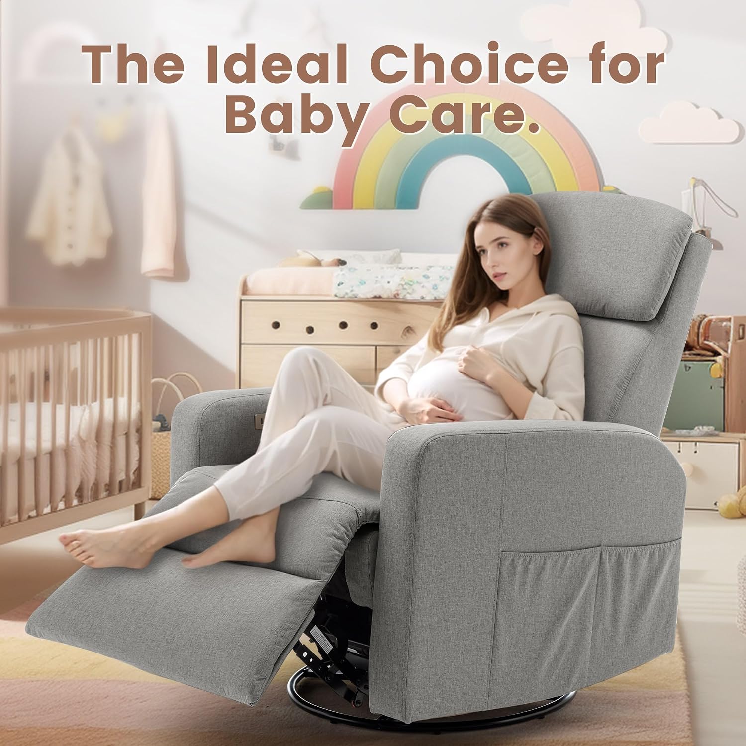 Korser Power Swivel Recliner Chairs for Adults, Electric Glider Rocking Chair Nursery, Glider Recliner Nursery Chair with Classified Side Pocket, Nursery Rocking Chairs with USB and Type-C Ports