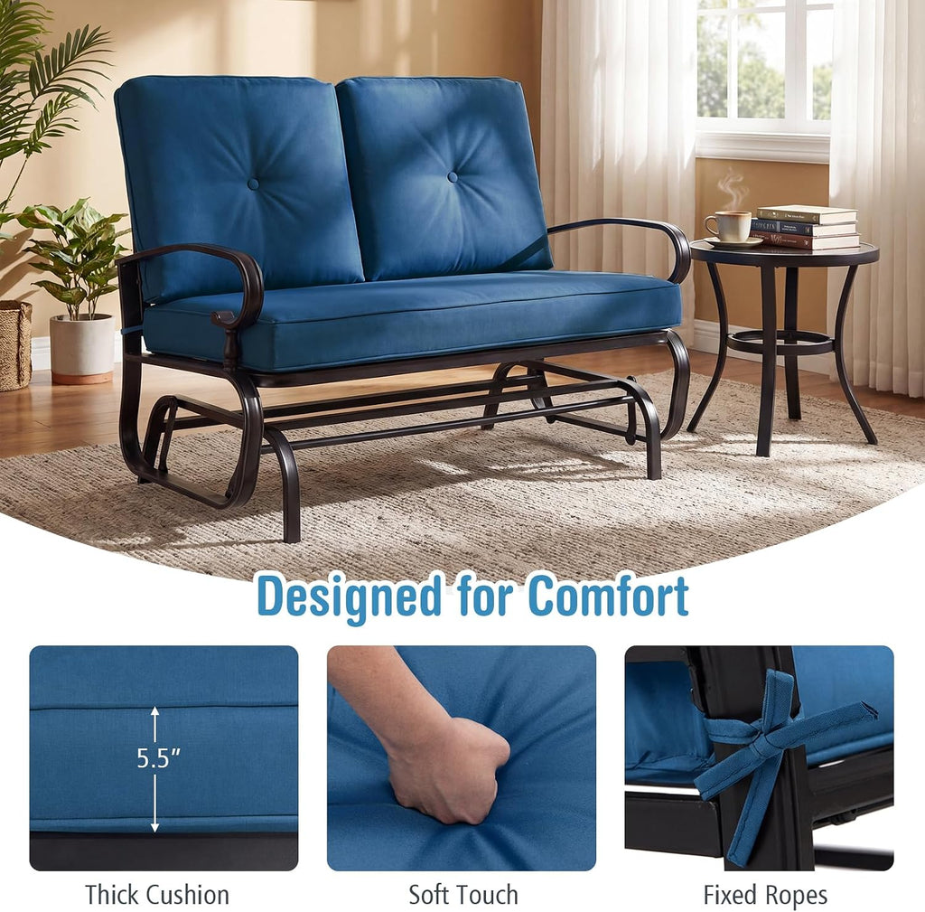 Giantex Outdoor Glider Bench, Patio 2 Person Loveseat with Removable Cushion, Thick Padded Seat, Stable Steel Frame, Outside Glider Swing Chair for Deck, Poolside, Yard, Porch Glider (Blue)
