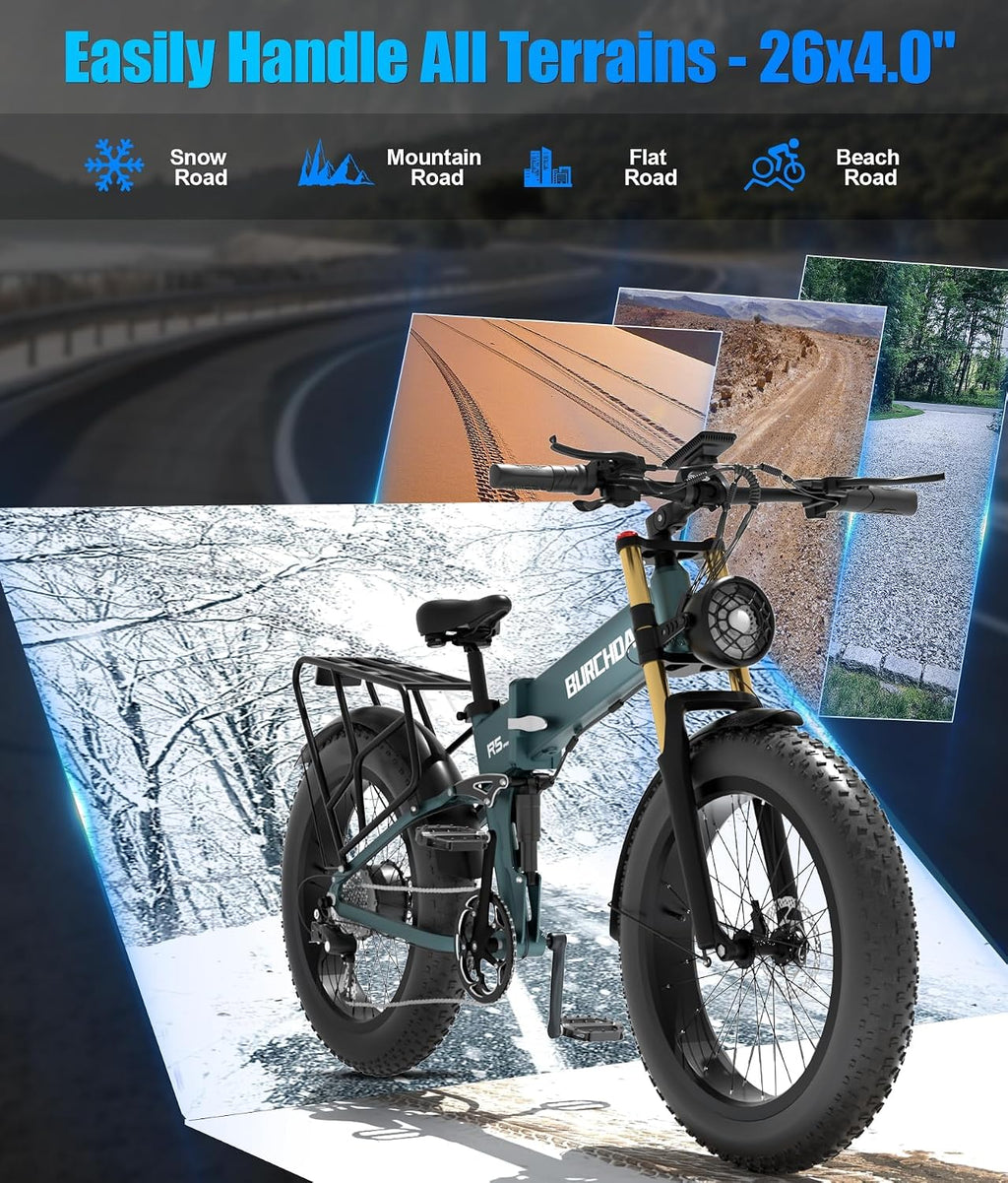 DAMSON Electric Bike for Adults Dual Motor AWD 5000W/3000W/1500W Peak 40MPH/30MPH Dirt Ebike, 52V/48V Max-Output Up to 65/80/120/160 Miles Long Range, 26' Full Suspension Fat Tire Mountains Bicycle