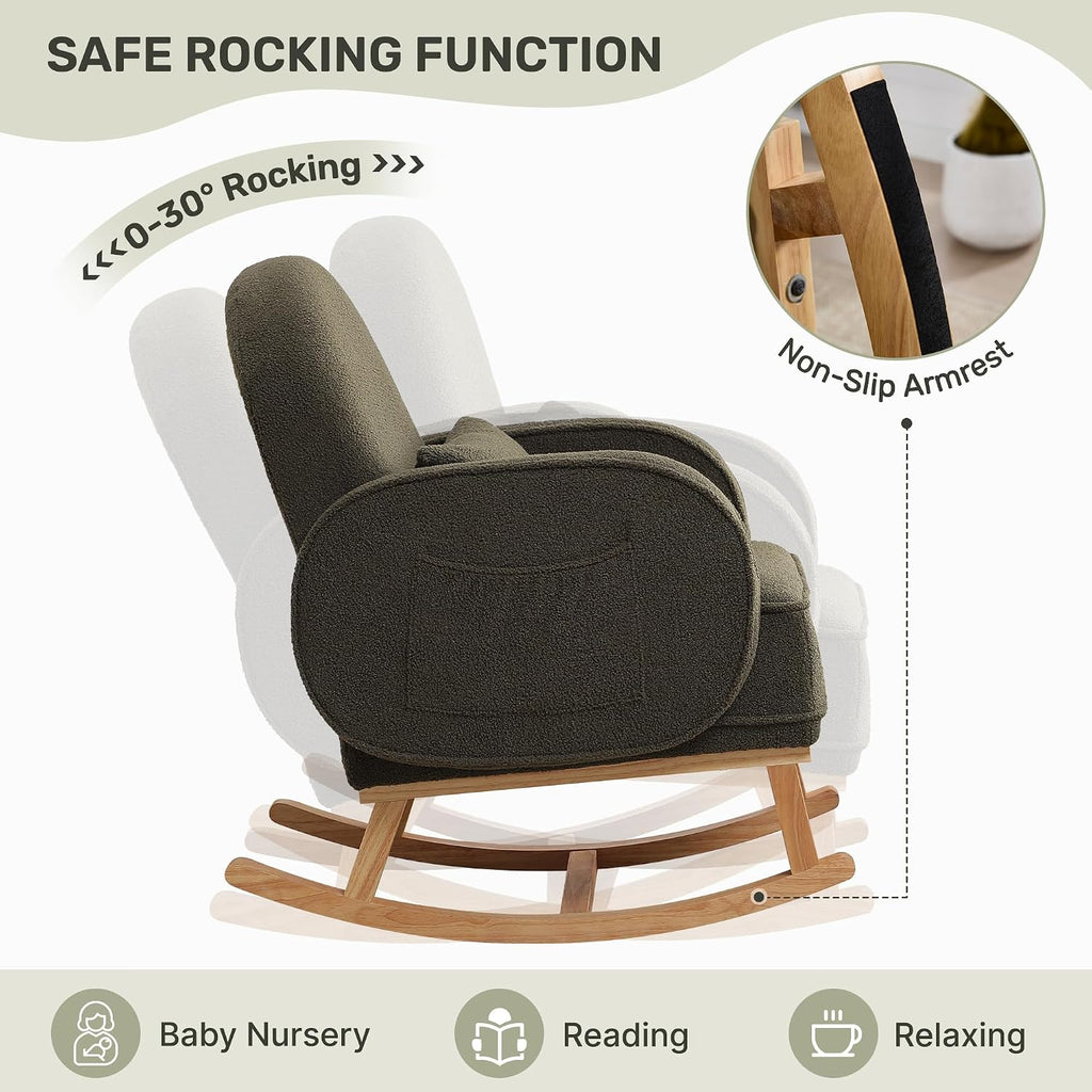 HCHAIRH Rocking Chair with Ottoman, Upholstered Glider Rocker with High Backrest and Side Pocket, Rocking Accent Armchair with Solid Wood Legs for Nursery/Living Room/Bedroom Green