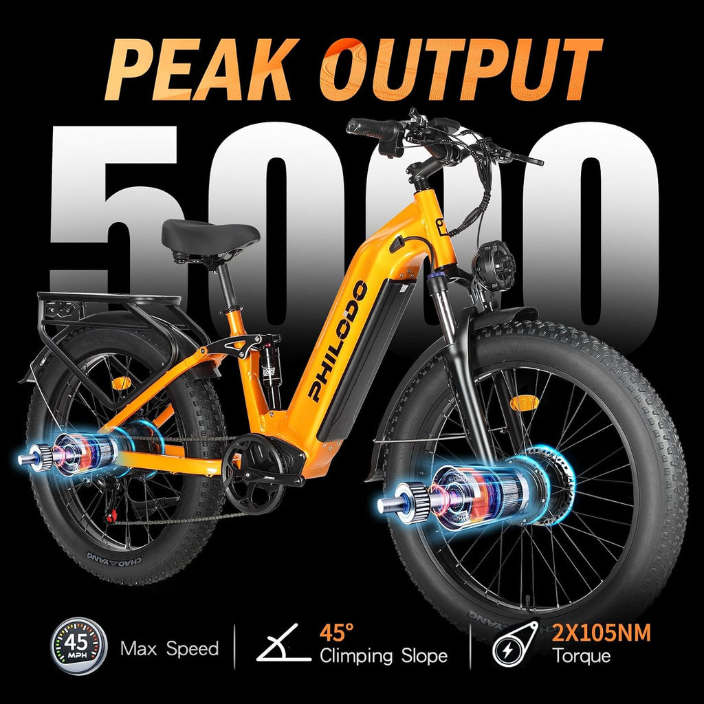 Electric Bike for Adults, 5000𝕨 Dual Motor E-Bike, 60V 32AH Long Range Dirt Bike, Fat Tire Hunting Ebike for All Terrain, Full Suspension Electric Bicycle
