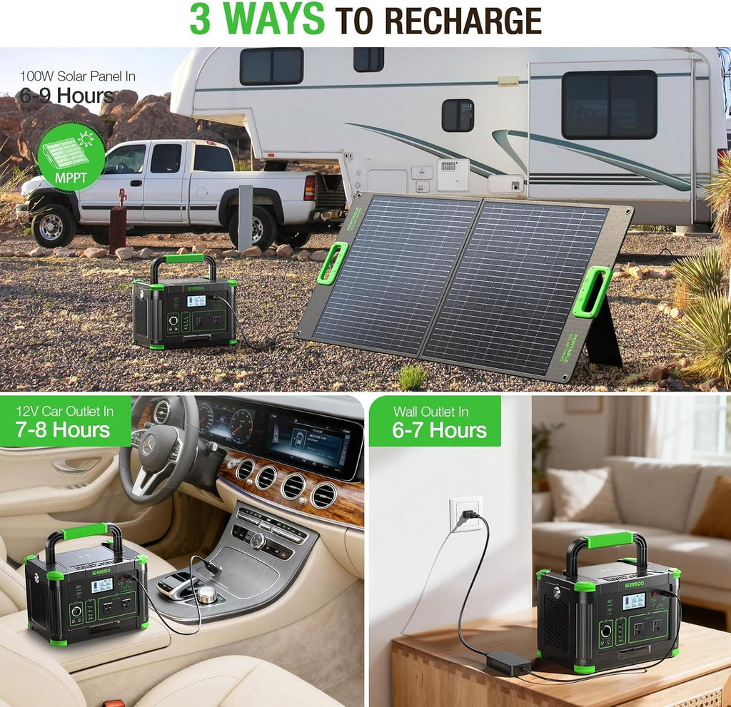 Portable Power Station 500W(Peak 1000W), 519Wh Outdoor Solar Generator with 2 AC(110V) Outlets, 10 Ports Powerhouse with USB-C PD Fast Charging for Travel, RV Camping, Off-Grid Living, Emergency