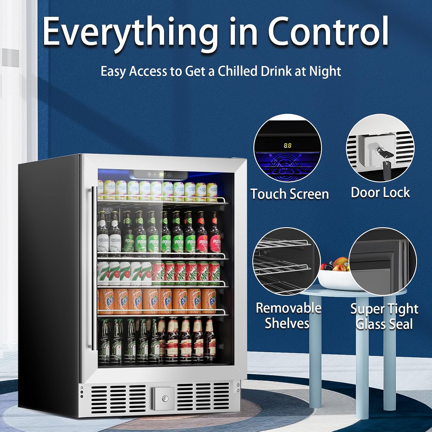 Stopasd Beverage Refrigerator Cooler, 5.3 Cu.Ft/166 Can Drink Fridge with Adjustable Shelves & Glass Door for Soda Wine Beer, Quiet Undercounter Small Fridge for Home/Office/Bar/Garage(37-61 ℉),Sliver