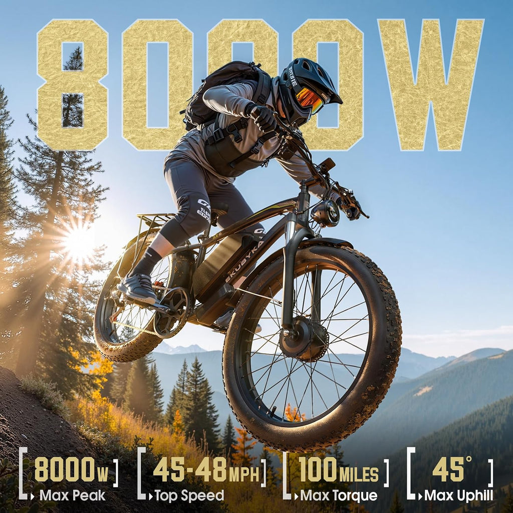 8000W Dual Motor Electric Bike for Adults, 48MPH Fast Ebike with 52V 36Ah Removable Battery, Up to 100 Miles Long Range, 24/26 Inch Fat Tire, Shimano 7-Speed, Shock Absorber Commuter E-Bike