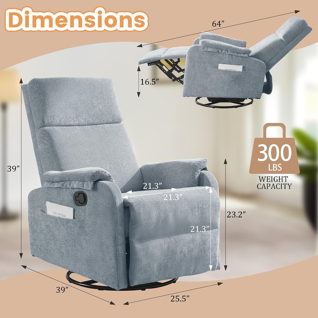 Korser Swivel Rocking Recliner with Massage, Small Glider Chair for Nursery, Modern-Designed Armrests Chair for Adults Living Room, Chenille, Blue