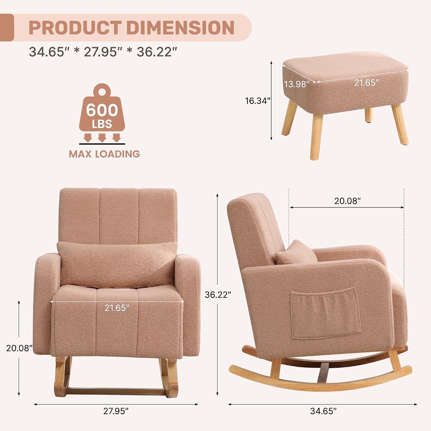 HCHAIRH Rocking Nursery Chair with Ottoman, Upholstered Glider Rocker with Side Pocket, Comfy Reading Chair with Solid Wood Legs for Nursery, Living Room,Bedroom, Coffee