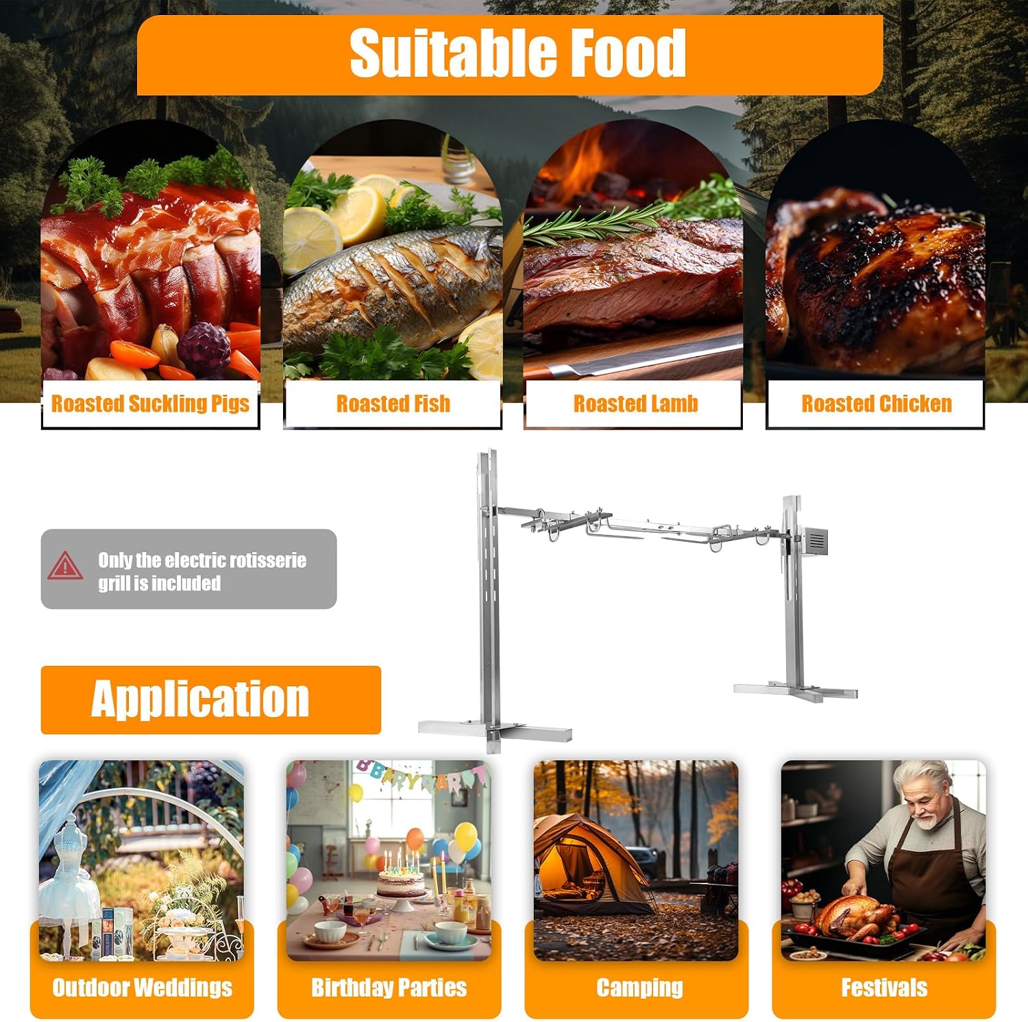 53in Outdoor Electric Rotisserie Grill Kit,Rotatable Motor BBQ Rotisserie Kit,Cooker Grill Camping Spit Grill Roaster for Pig Rotisserie Hog Lamb,Height Adjustable