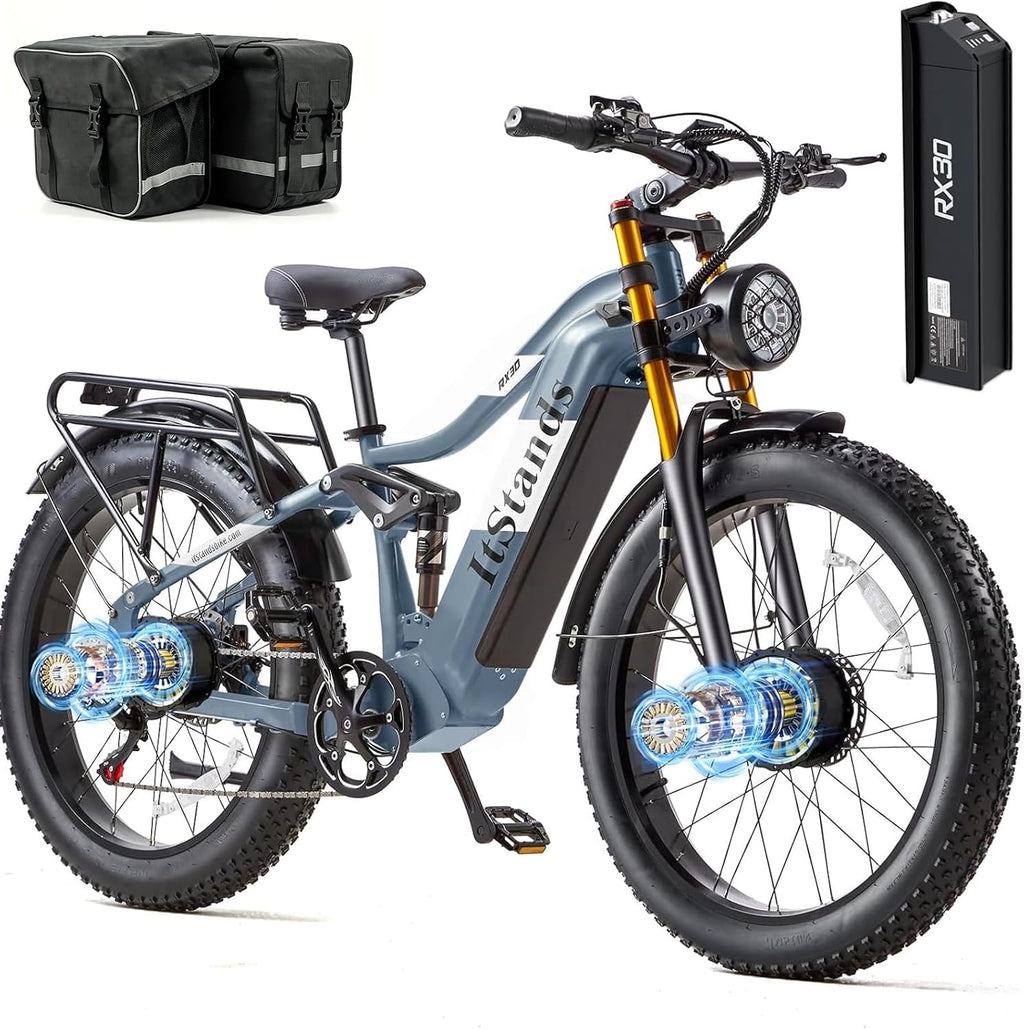 DAMSON Electric Bike for Adults Dual Motor AWD 5000W/3000W/1500W Peak 40MPH/30MPH Dirt Ebike, 52V/48V Max-Output Up to 65/80/120/160 Miles Long Range, 26' Full Suspension Fat Tire Mountains Bicycle