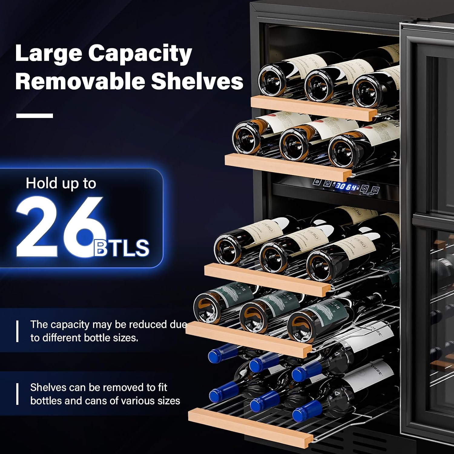 ROVSUN 26 Bottle Wine Fridge, Dual Zone Wine & Beverage Refrigerator w/Independent Temp & LED Control Panel, Built-in/Freestanding/Under Counter Wine Cooler Chiller for Red White Wine/Champagne/Beer