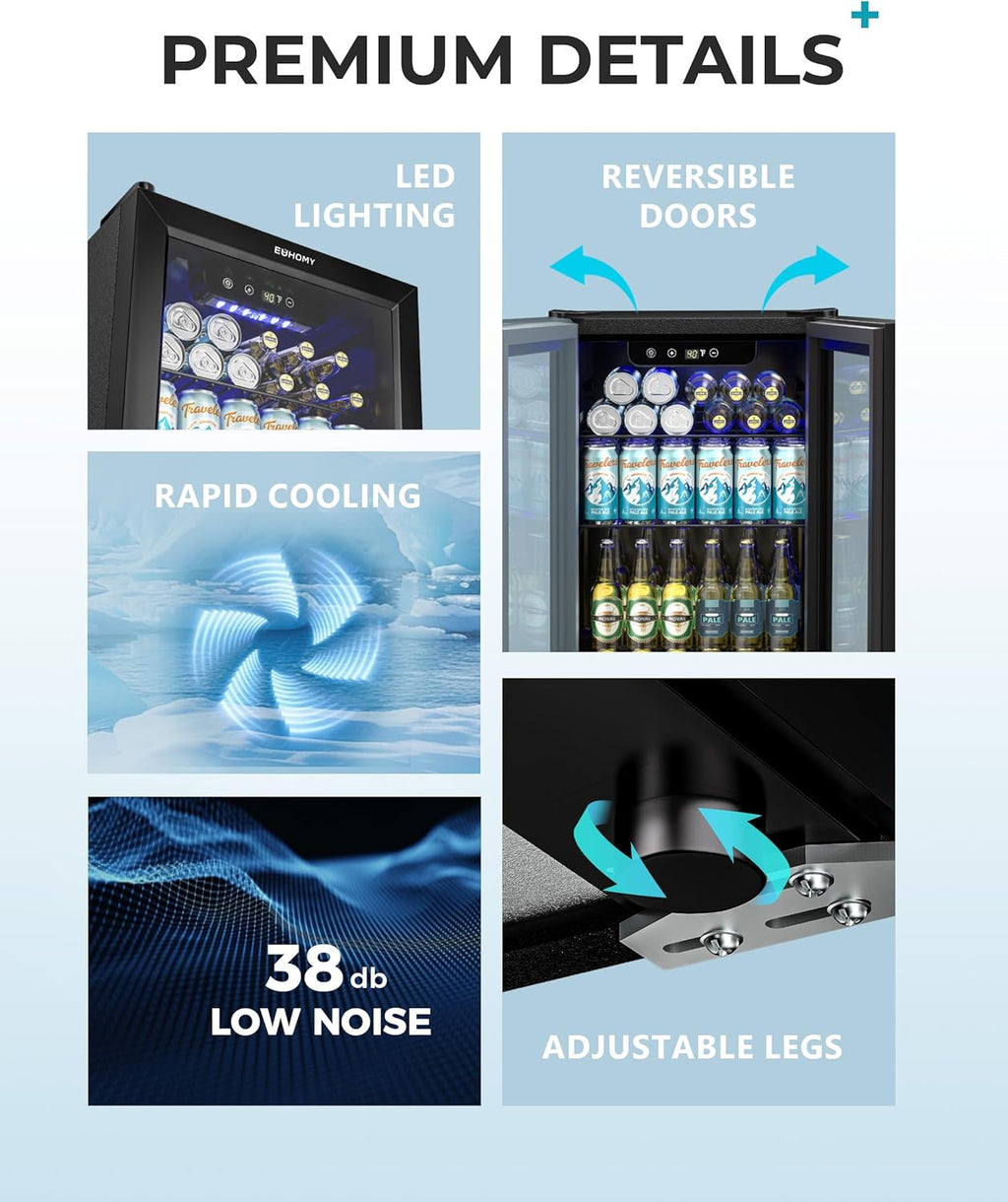 EUHOMY Beverage Refrigerator Cooler - 68 Can Mini Fridge with Glass Door for Soda, Beer, Wine, Small Refrigerator with Digital Temperature Control and Adjustable Shelves for Home Office Bar, 1.7 Cu.ft