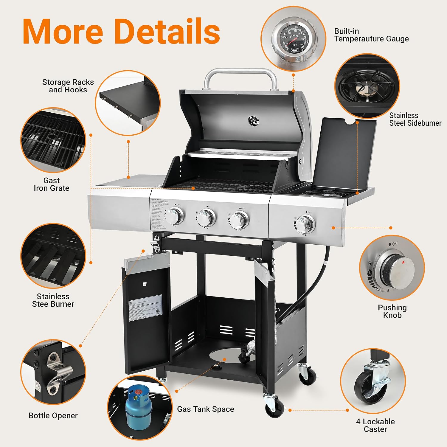 3 Burner Gas Grill with Cloth Cover – High-Powered 51,000 BTU Burners, Stainless Steel Construction, Ample Cooking Space – Perfect for Backyard Barbecues, Parties, and Family Gatherings