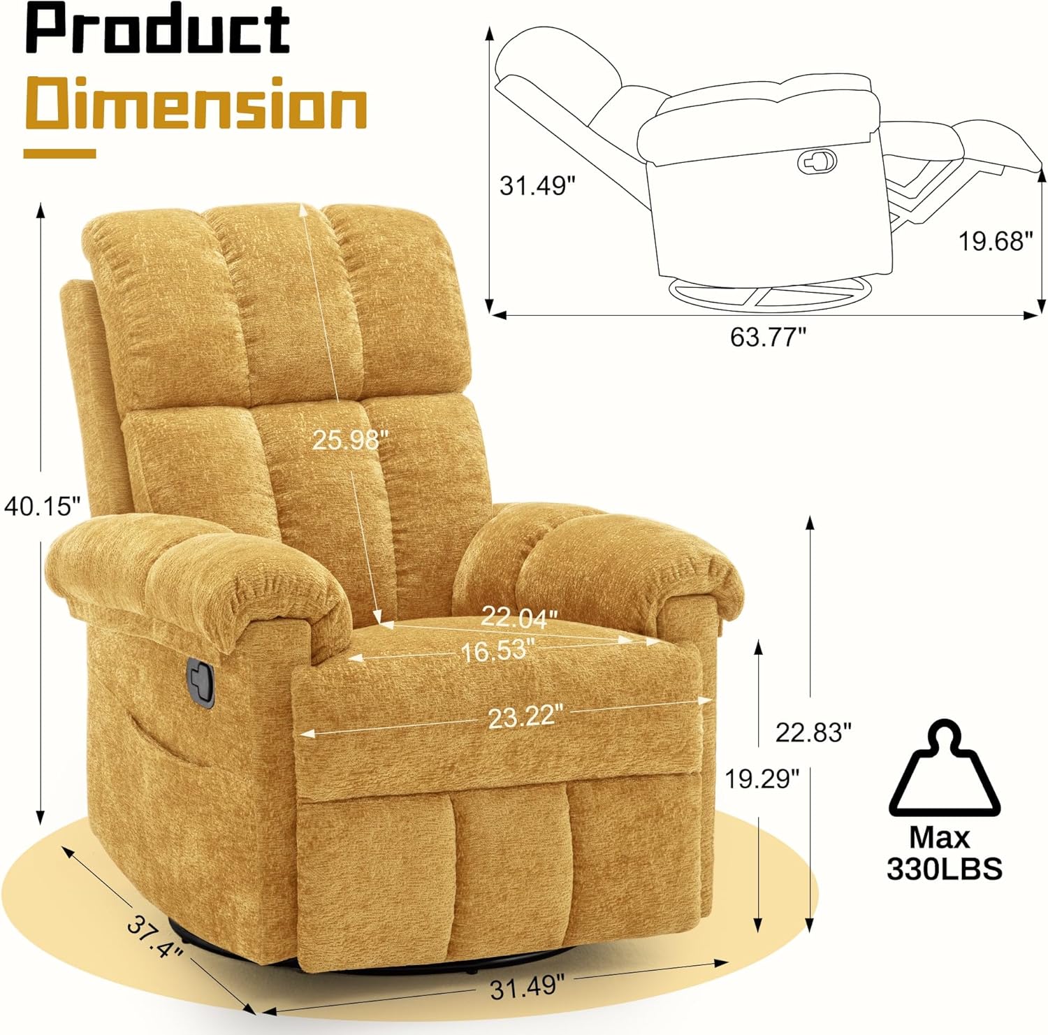 Korser Recliner Chair, Swivel Rocker Recliner Chair for Adults, Small Recliners for Small Spaces, Upholstered Manual Recliner with Side Pockets, Nursery Rocking Chair for Living Room, Chenille, Yellow