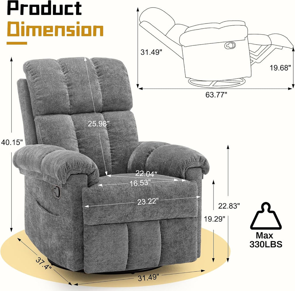 Korser Recliner Chair, Swivel Rocker Recliner Chair for Adults, Small Recliners for Small Spaces, Manual Recliner with Side Pockets, Upholstered Nursery Rocking Chair for Living Room, Chenille, Grey