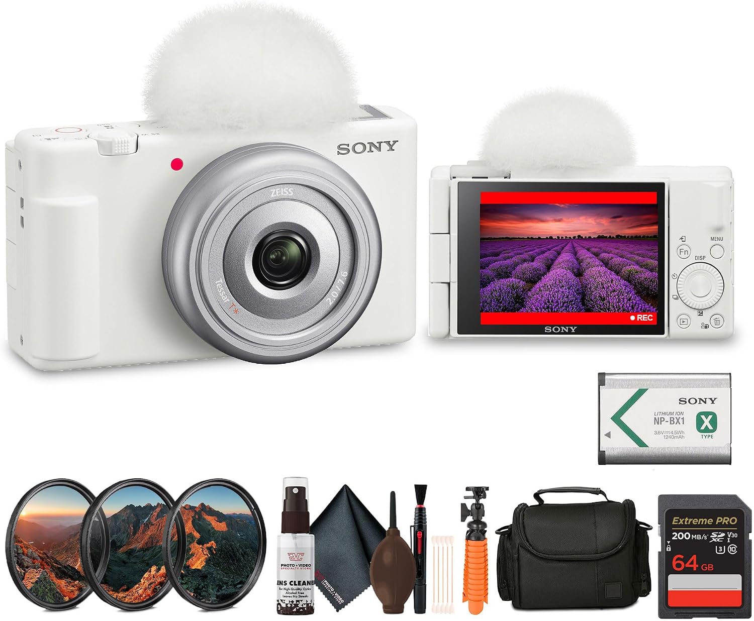 Sony ZV‑1F/W Vlog Camera in White | 20.1 MP 1‑Inch Exmor RS Sensor Compact Creator Camera (White) (ZV1F/W) + Filter Kit + 64GB Card + Card Reader + Bag + Flex Tripod + Cleaning Kit