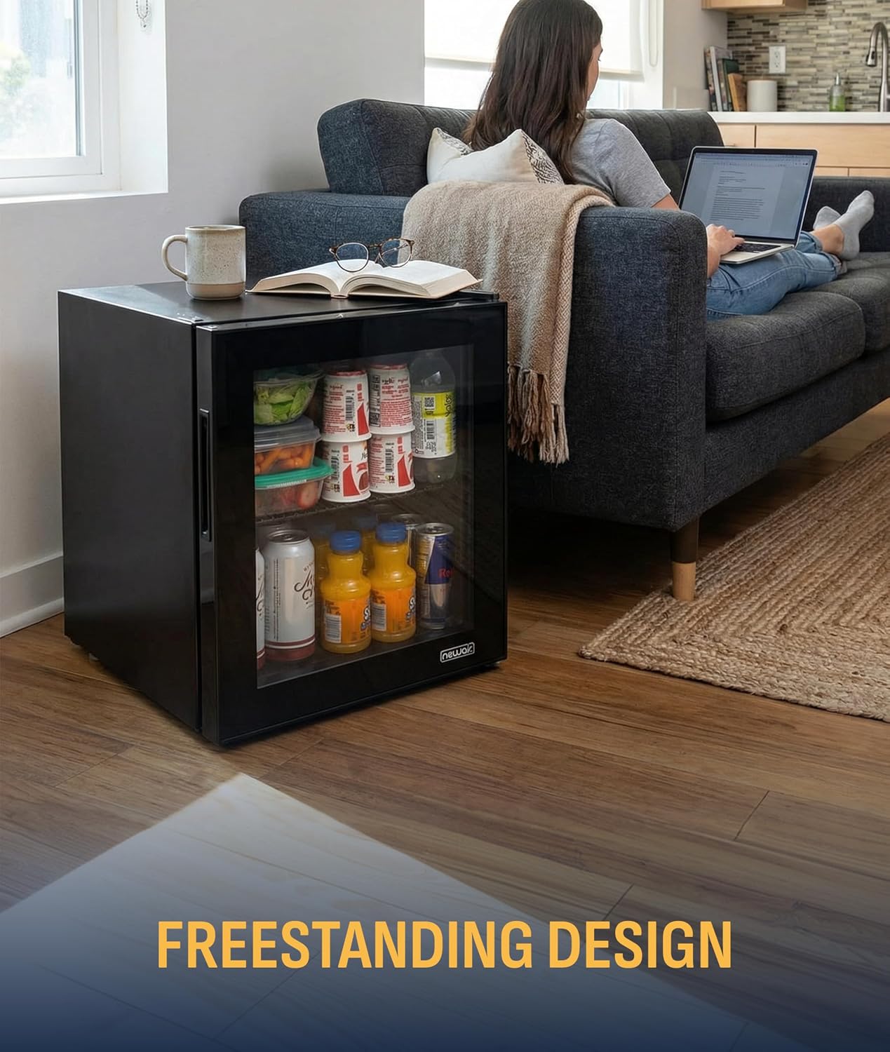 NewAir 60 Can Beverage Refrigerator | Compact Freestanding Mini Fridge for Bedroom, Dorm, Office or Gaming Room | Glass Door, Adjustable Shelf & Quiet Cooling | Black