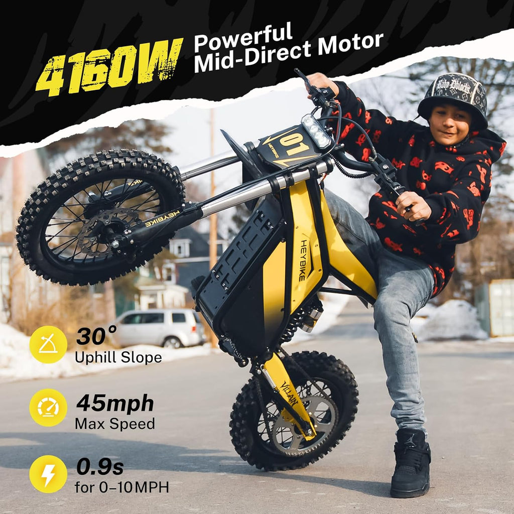 Heybike Villain Electric Dirt Bike with 4160W Motor 1352WH Battery, Up to 45 MPH, 50 Miles Range, 14'/12' Fat Tire Electric Bike with Hydraulic Brakes&Dual Suspension, Off-Road E-Bike