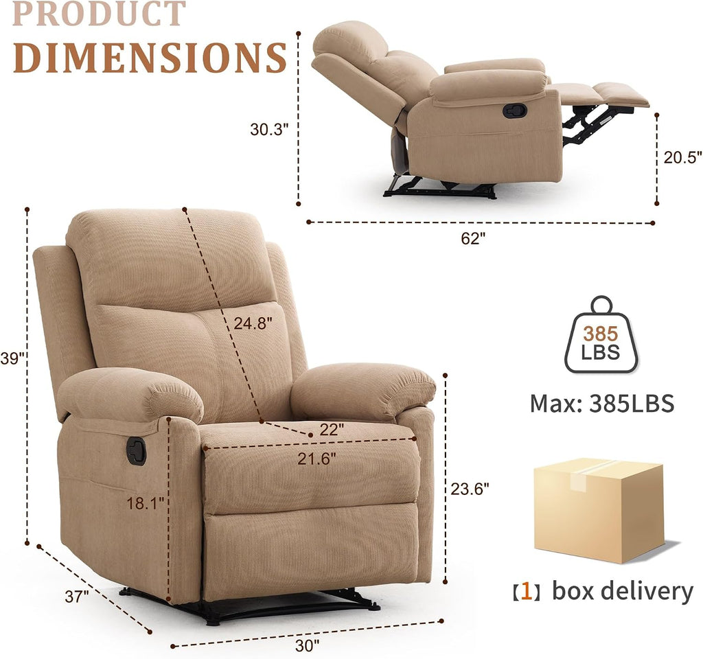 Korser Recliner Chairs, Small Recliners for Small Spaces, Manual Recliner for Adults with Side Pockets, Adjustable Overstuffed Comfy Corduroy Reclining Chair for Living Room, Bedroom, Reading, Khaki