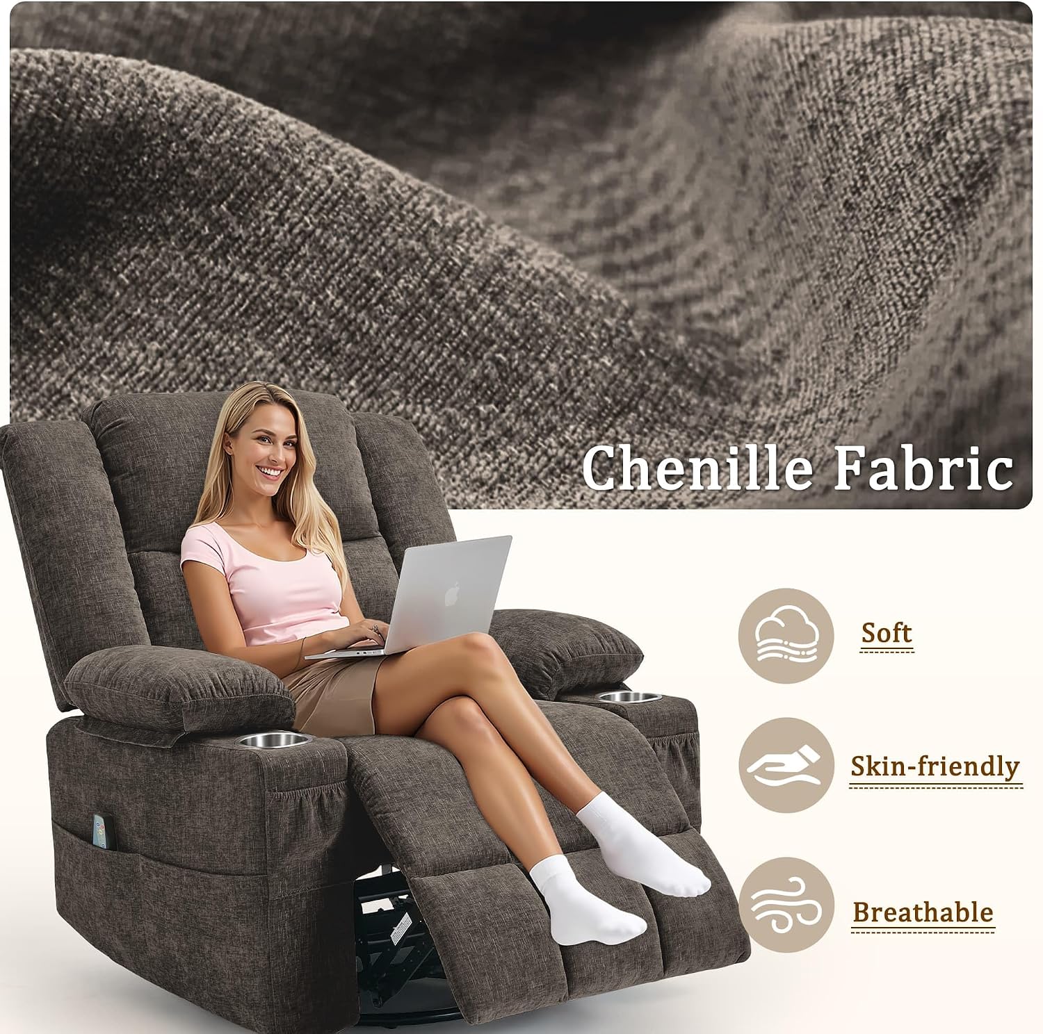 Korser 360° Swivel Rocker Recliner for Adults, Nursery Glider Recliner with Massage and Heating, Rocking Chair with Cup Holder, Manual Recliner Chair for Living Room, Bedroom (Fabric, Brown)
