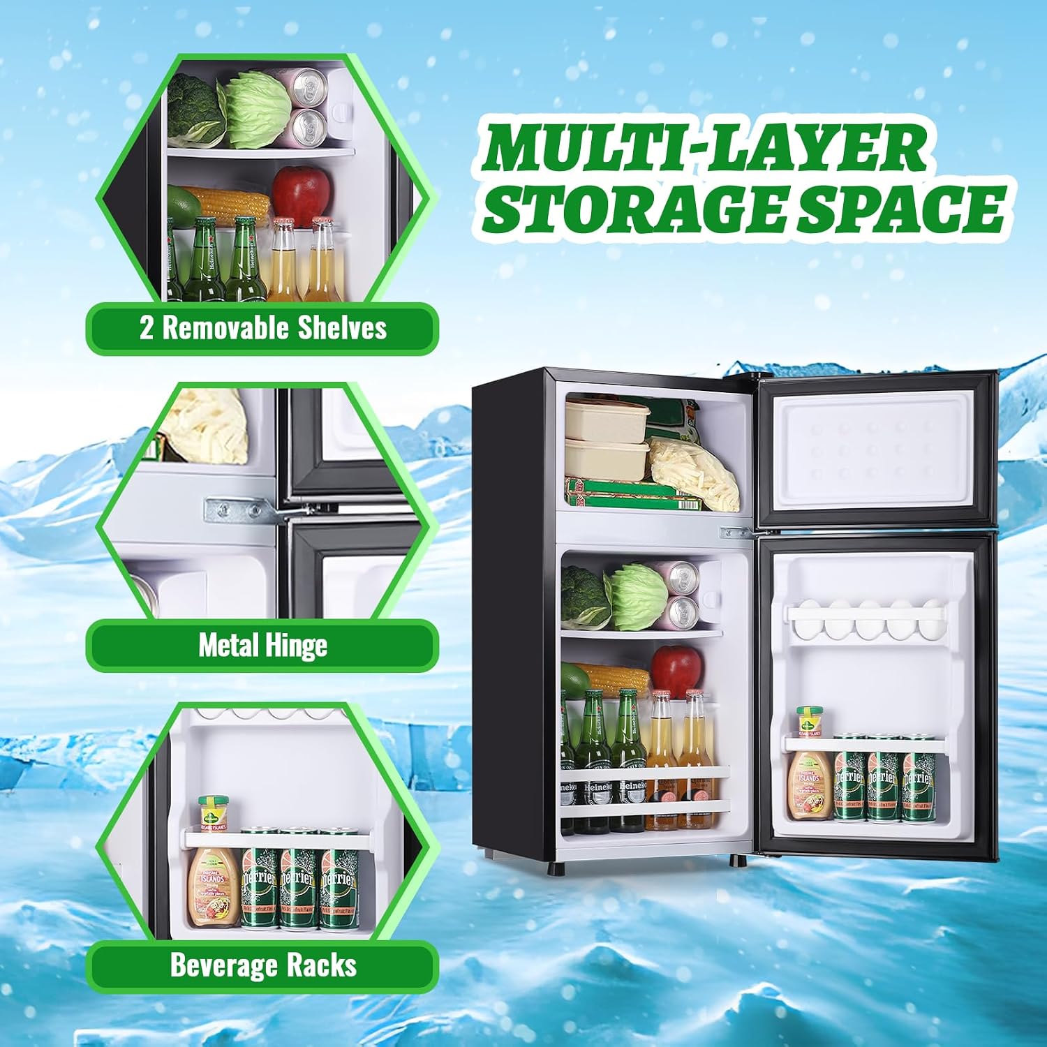 DEMULLER 2.4 Cu.ft Mini Fridge with Top Freezer Apartment Size Dual Door Compact Refrigerator for Personal Use Small Fridge with Egg tray, 7 Temperature Control For Dorm, Black