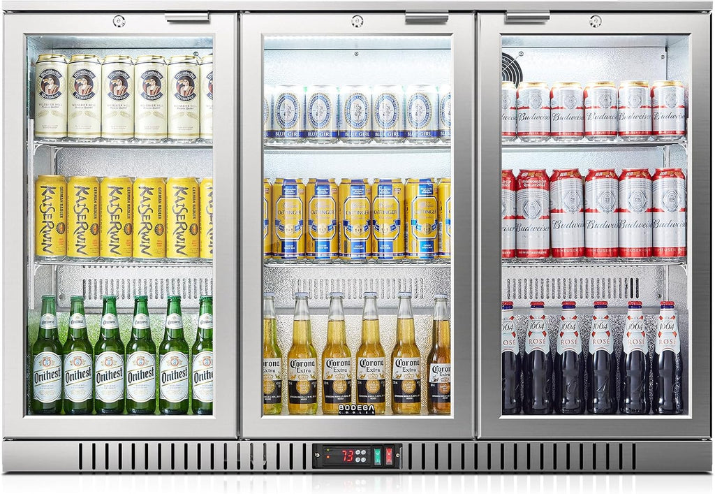 BODEGA BODEGACOOLER Back Bar Cooler, 11.4 Cu.Ft Stainless Steel Commercial Bar Fridge with 3 Glass Doors,Counter Height Bar Beverage Cooler with LED Lighting for Beer,Soda Drinks,Wine