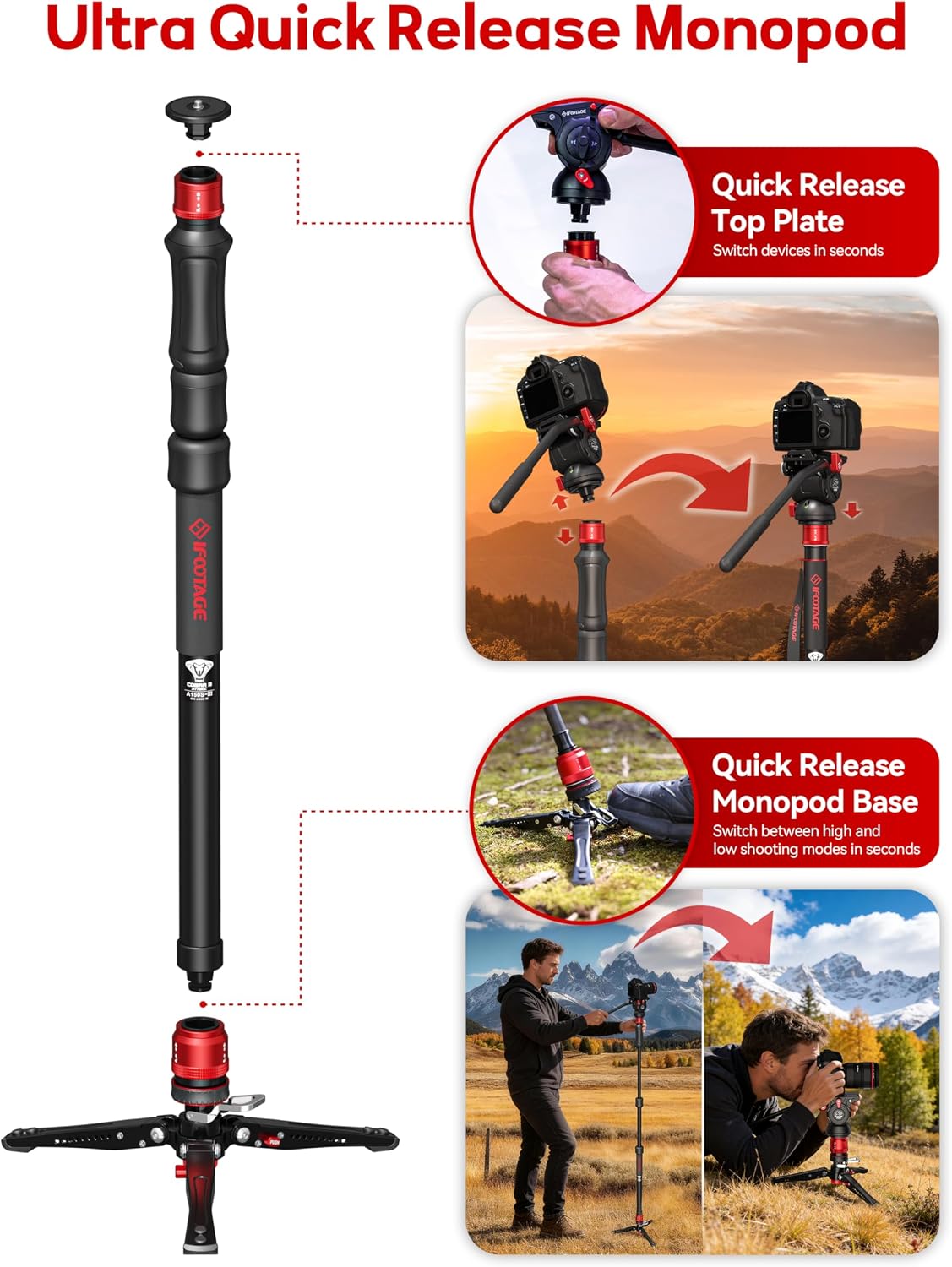 IFOOTAGE Monopod Cobra 3 Strike A150S, 59' Monopod for Camera Aluminum Travel Monopod with Feet, 1/4'' & 3/8'' Quick Release Compatible with Sony Canon Nikon DSLR Camera, Payload 11Lb