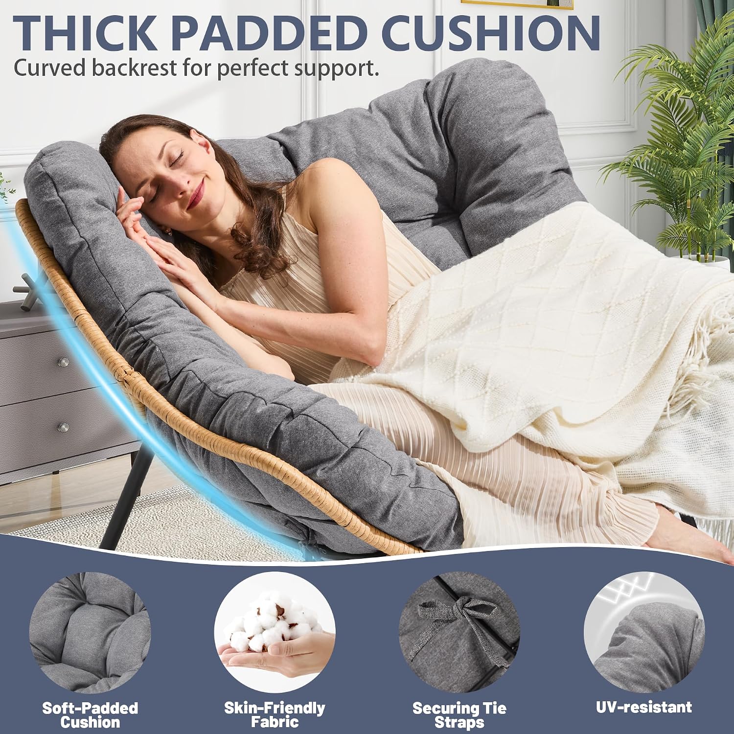 Youtanic Outdoor Rocking Chair, Oversized Papasan Reading Chair Indoor with Thick Cushion, Comfy Rattan Rocker Egg Chair for Patio, Garden, Balcony, Lawn, Backyard, Bedroom, up to 450lbs, Dark Gray