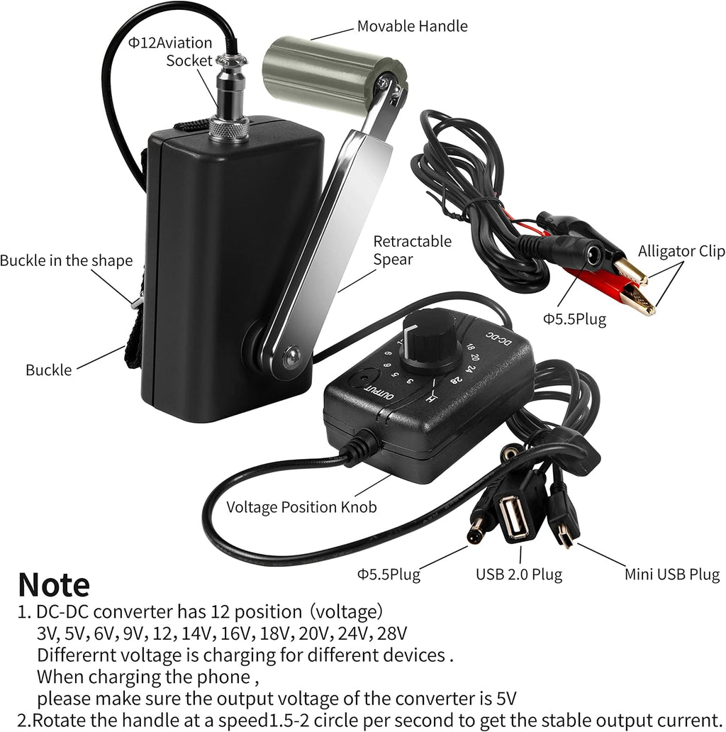 Hand Crank Generator High Power Charger for Outdoor Mobile Phone Computer Charging 30W / 0-28V with USB Plug (Black Generator + DC Regulator)