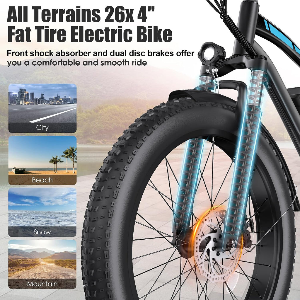 Electric Bike for Adults, 1000W Peak 20MPH 60Miles Ebike,48V 13AH Battery Electric Mountain Bike, 26' x 4'' Fat Tire Electric Bicycle with Rear Rack, Fenders, 7 Speed, UL 2849 Certified