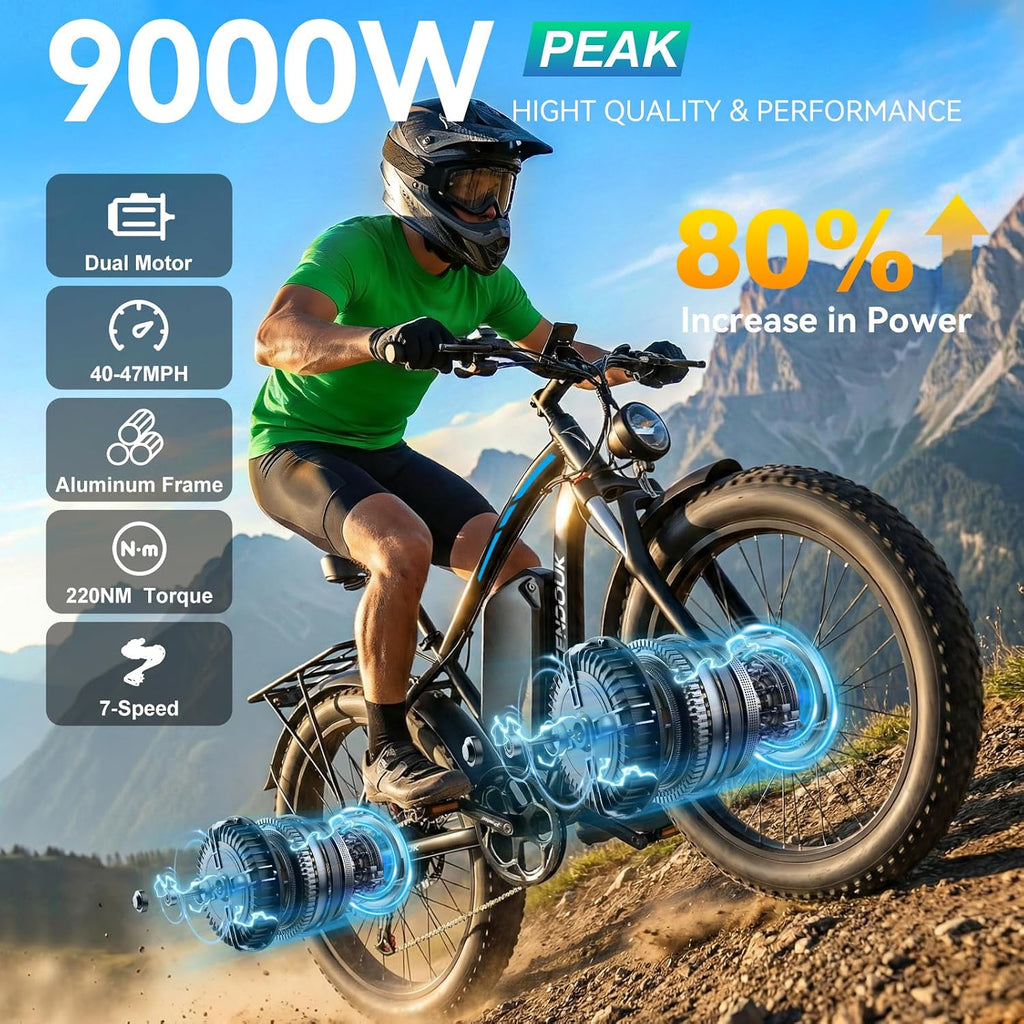 47MPH Ebike for Adults | 9000W Peak Dual Motor Ebike |58V Max-Output 36AH Battery | 24' Fat Tire Bike | 7 Speed LCD Display | Front Suspension | Travel | Off Road