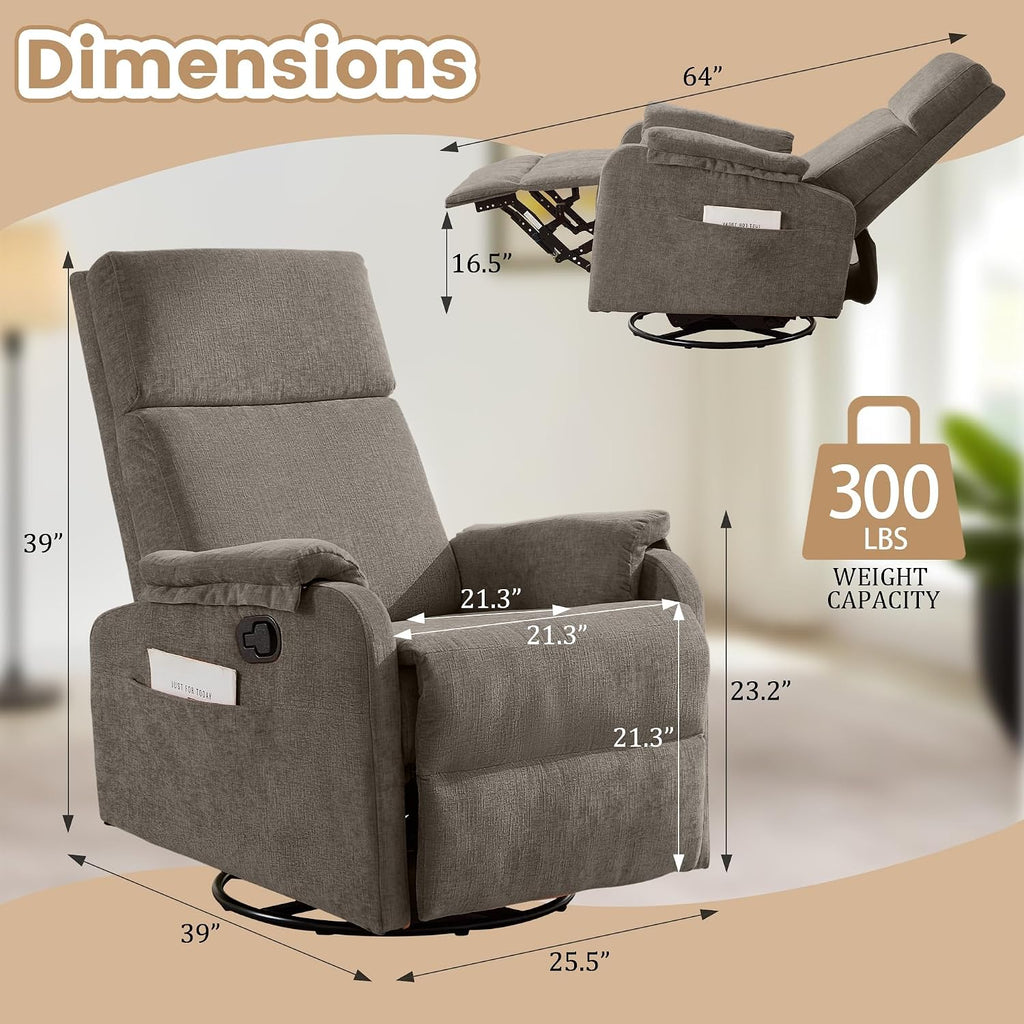 Korser Swivel Rocking Recliner with Massage, Small Glider Chair for Nursery, Modern-Designed Armrests Chair for Adults Living Room, Chenille, Brown