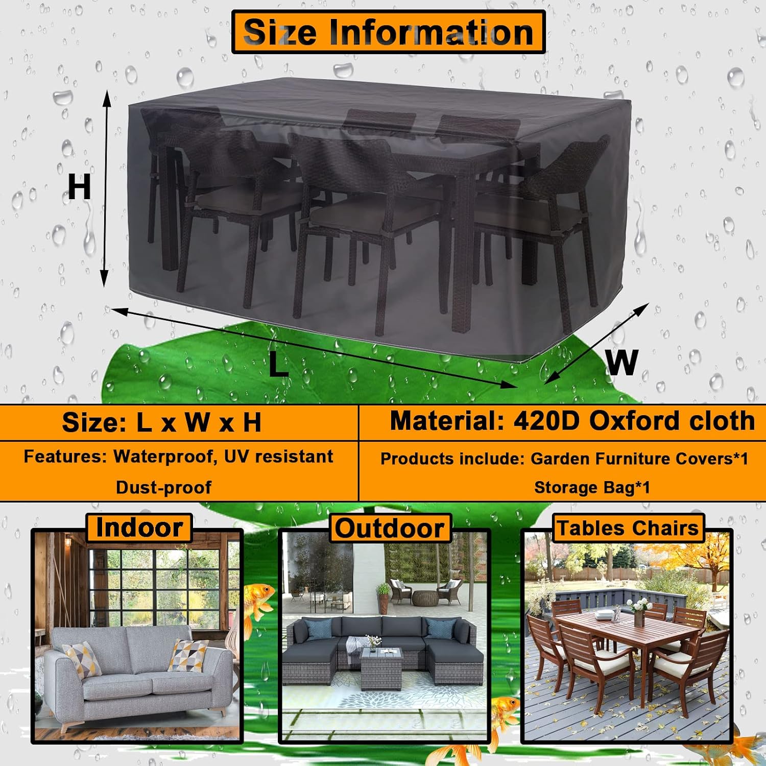 YSUEFIJO Large Garden Furniture Covers Waterproof 118x31x39in Silver Patio Furniture Cover Rectangle 420D Oxford Fabric Anti-UV Square Heavy Duty Dust Proof Garden Table Cover with Storage Bag