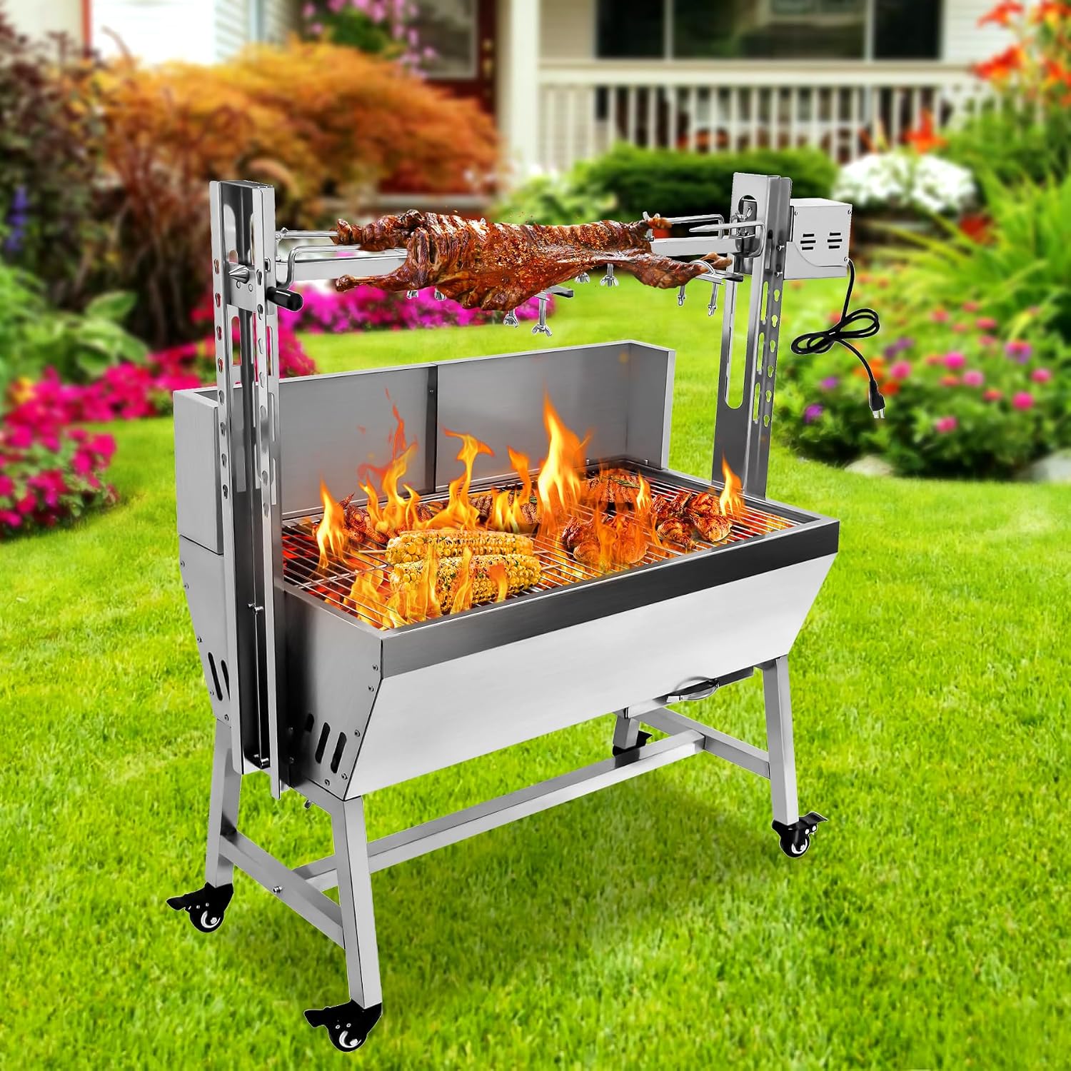 25w 37in Electric Rotisserie Grill Portable 132lbs Portable Stainless Steel Rotisserie Grill Roster With Wheels, Motor, Wind Baffle For Pig Chicken Lamb Rotisseries Roasting Machine