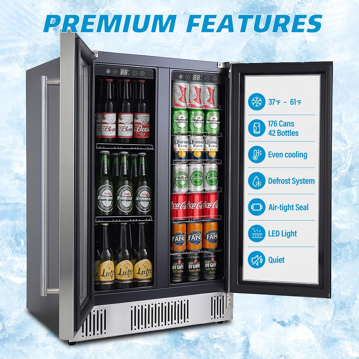 Erivess 24 inch Dual Zone Wine and Beverage Refrigerator Cooler, 5.4 Cubic/176 Can Large Fridge with Glass Front Door, Beer or Wine,Small Refrigerator with Adjustable Shelves and Digital Display