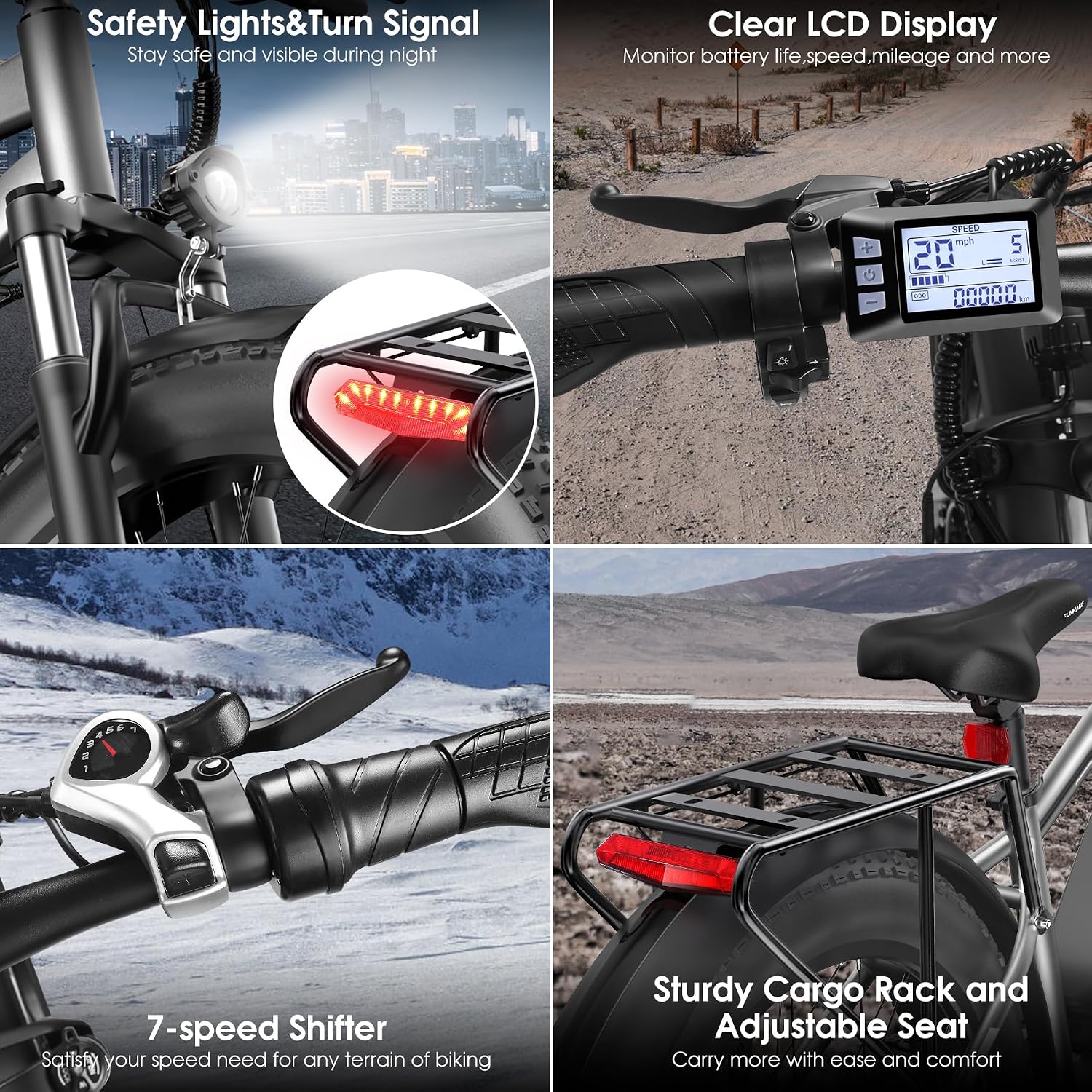 Electric Bike for Adults, 1000W Peak 20MPH 60Miles Ebike,48V 13AH Battery Electric Mountain Bike, 26' x 4'' Fat Tire Electric Bicycle with Rear Rack, Fenders, 7 Speed, UL 2849 Certified