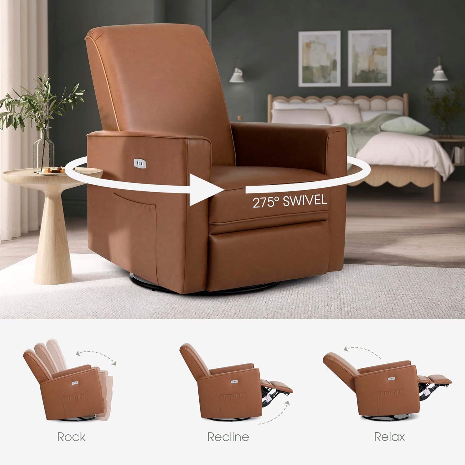 Evolur Harlow Upholstered Power Glider Recliner with USB Charging – Rocking & 275° Swivel with Smooth Glide – Greenguard Gold & FSC Certified – Modern Nursery and Living Room Chair in Cognac