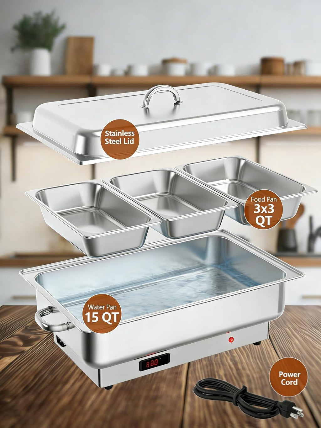 GarveeHome Electric Chafing Dish Buffet Set,3 x 3 QT Stainless Steel Food Warmers, 600W Digital Display Temperature Control Serving Trays for Parties Catering Weddings, Sections Dishwasher Safe