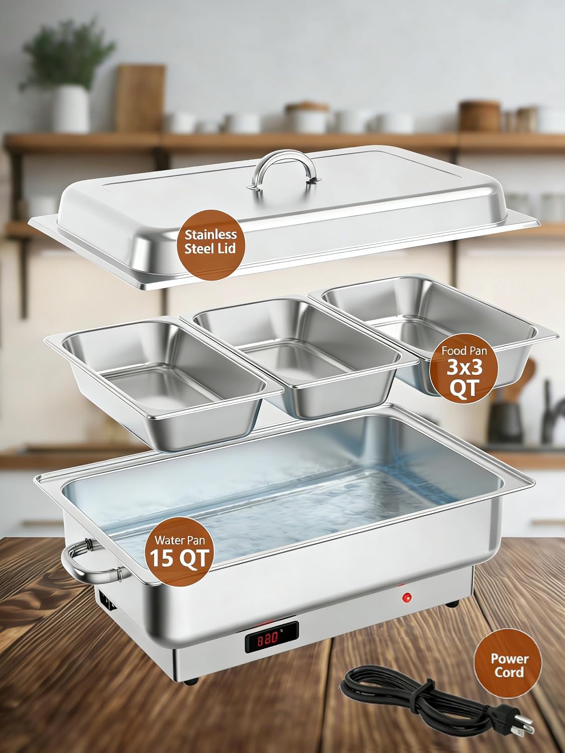 GarveeHome Electric Chafing Dish Buffet Set,3 x 3 QT Stainless Steel Food Warmers, 600W Digital Display Temperature Control Serving Trays for Parties Catering Weddings, Sections Dishwasher Safe