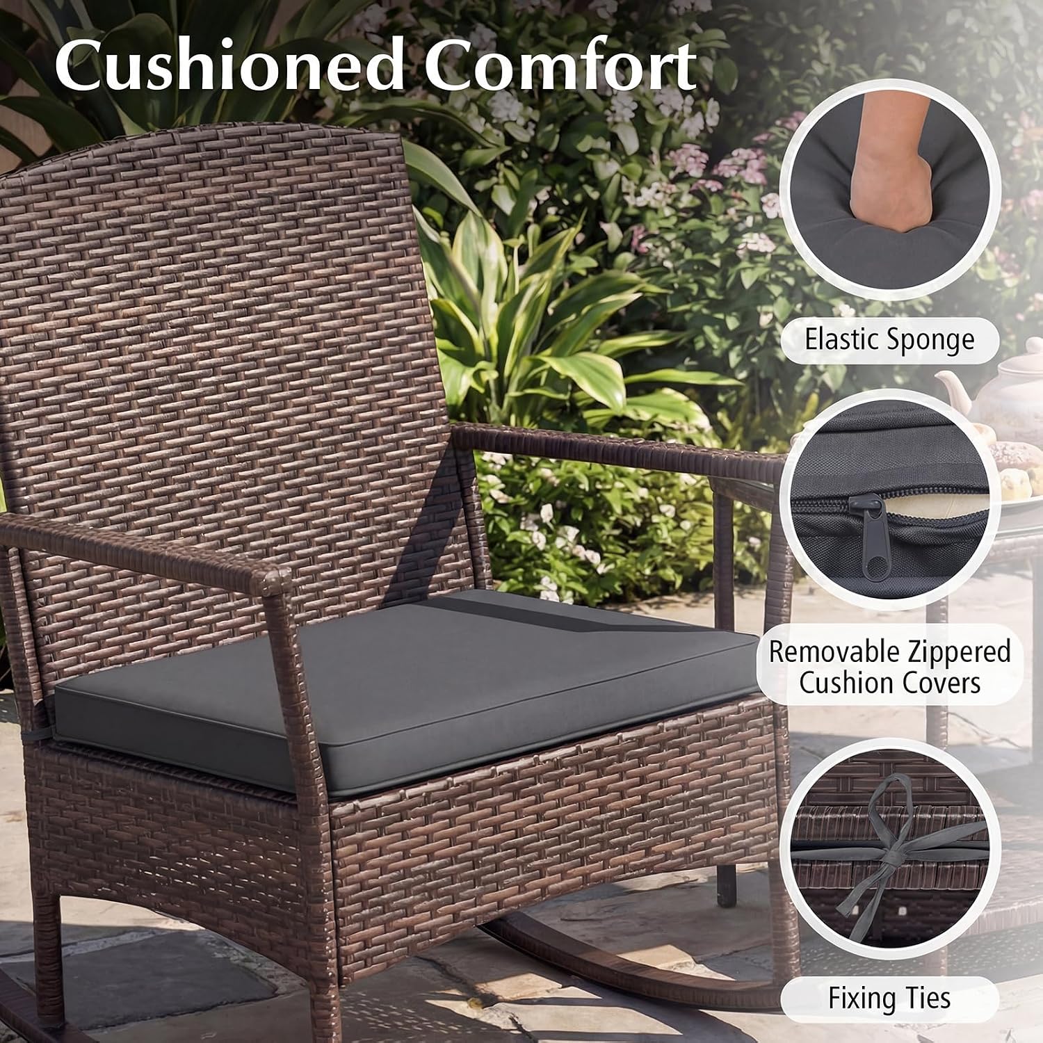 Tangkula 3 Pieces Rocking Wicker Bistro Set, Outdoor Front Porch Rocker Chairs Conversation Set with 2-Tier Tempered Glass Coffee Table and Thick Cushions for Garden, Balcony, Poolside (Gray)