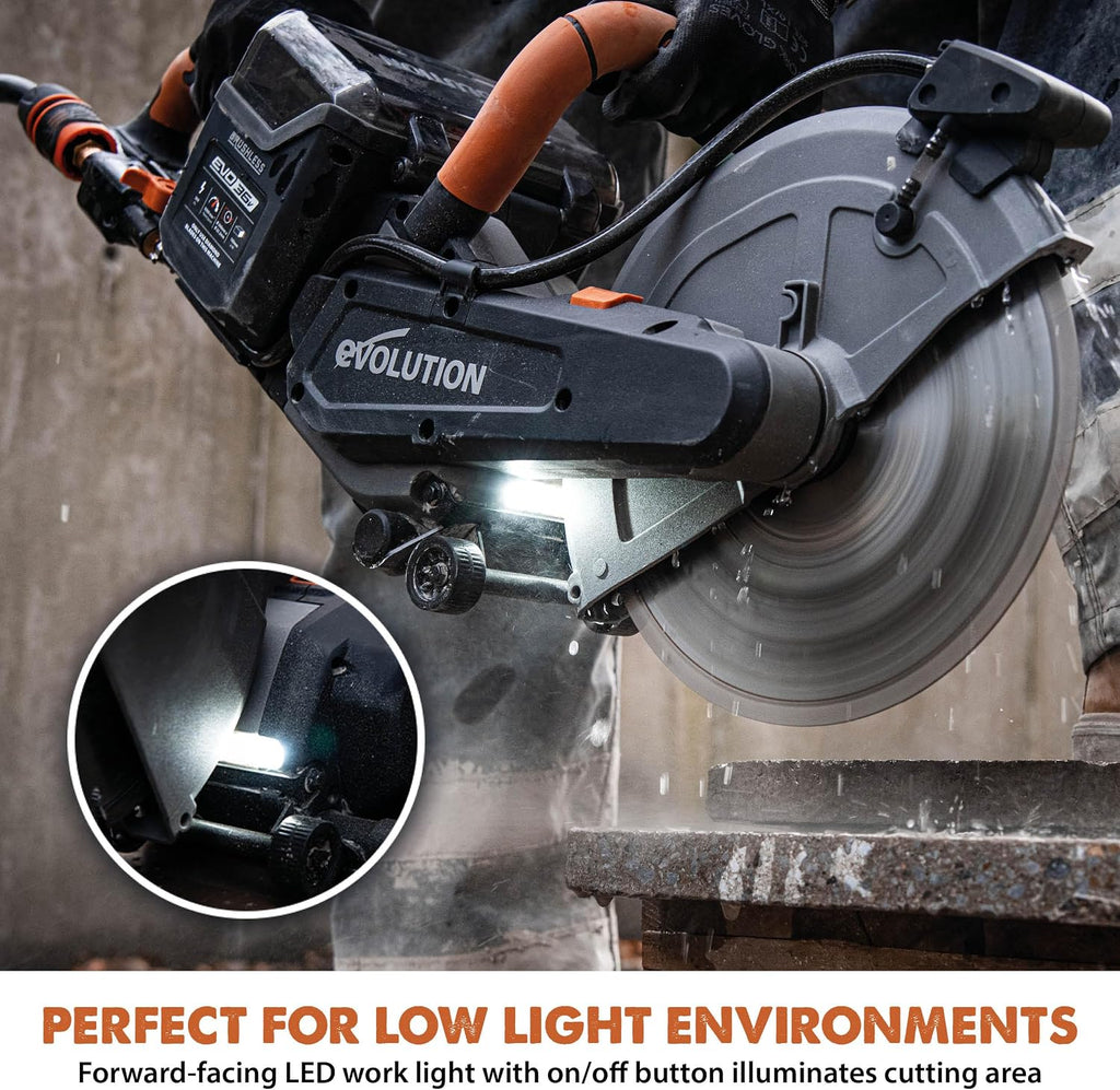 Evolution R10DCT-Li Cordless 10' Concrete Saw | Includes 2x 5Ah Batteries, Dual-Port Charger & EVOMAX Diamond Blade | 4' Cut Depth | Auto Water Dust Suppression | 40V Brushless | Heavy-Duty Cutting