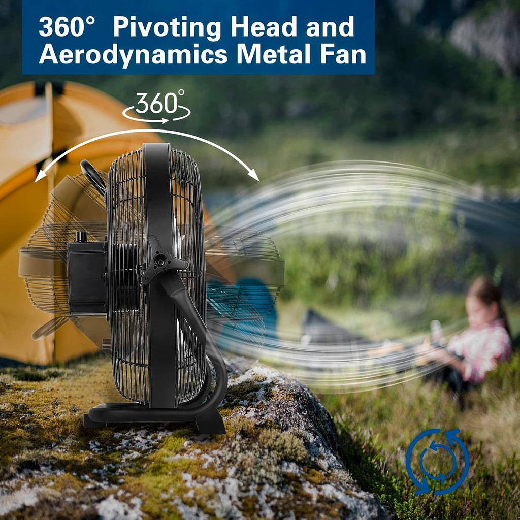 BILT HARD 16 Inch Rechargeable Battery Operated Outdoor Floor Fan, 15600mAh Battery Powered High Velocity Portable Fan with Metal Blade, USB Output for Travel, Camping, Backyard