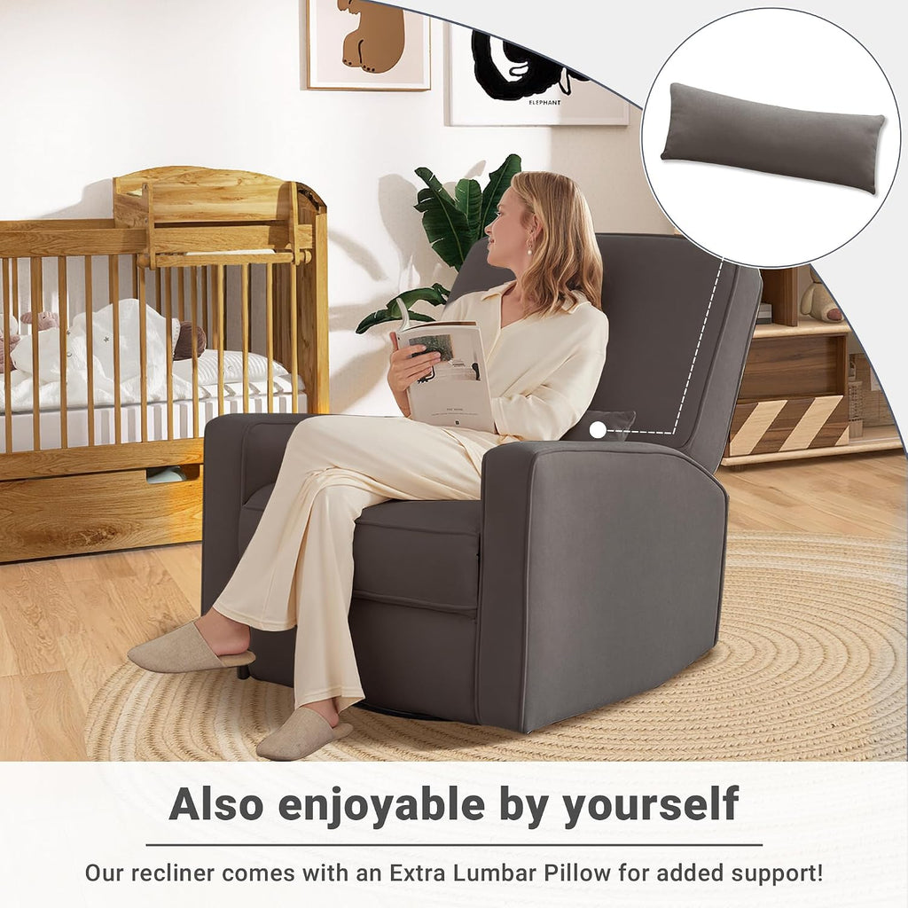 Tbfit Nursery Rocking Chair,360°Swivel Recliner Chair with Lumbar Support for Bedroom, Comfy Upholstered Armchair with Pillows & Footrest for Living Room & Baby Room